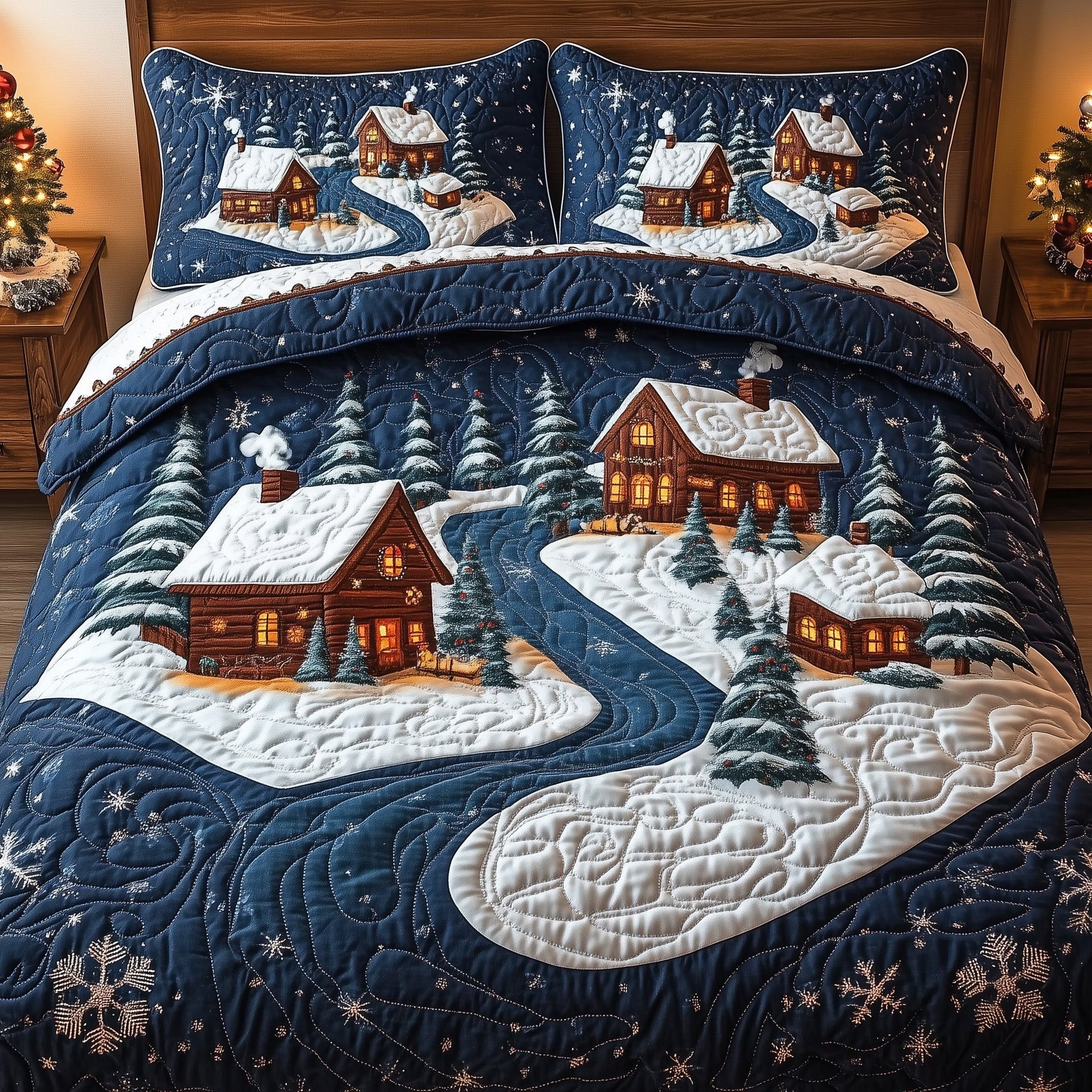 Miracle Village Quilted Bedding Set Winter Village Bedding Great Xmas Gifts - Bancroftclothings