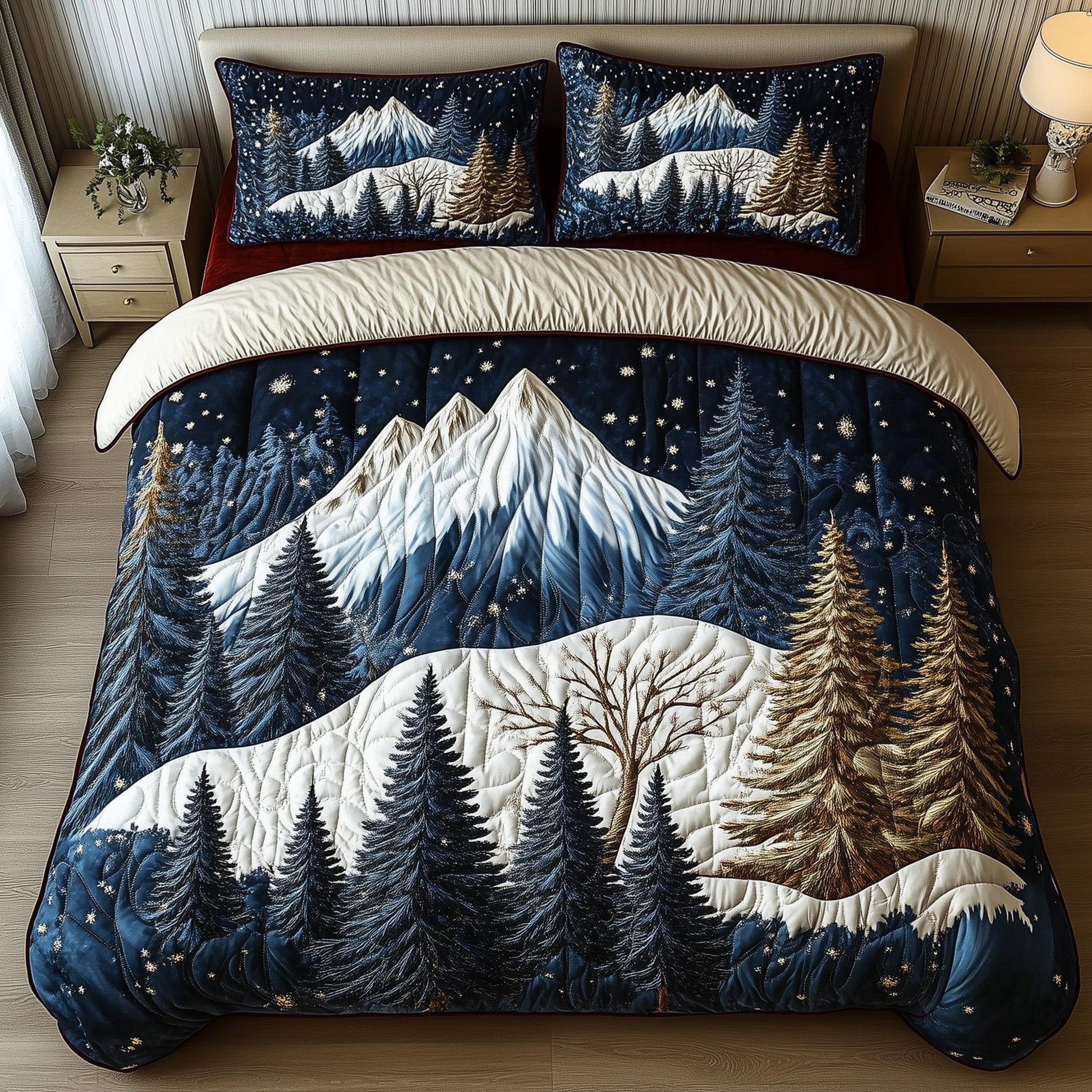 Miracle Xmas Quilted Bedding Set Forest Pine Xmas Mountain Snow Decor Bedding Gift Ideas - Bancroftclothings