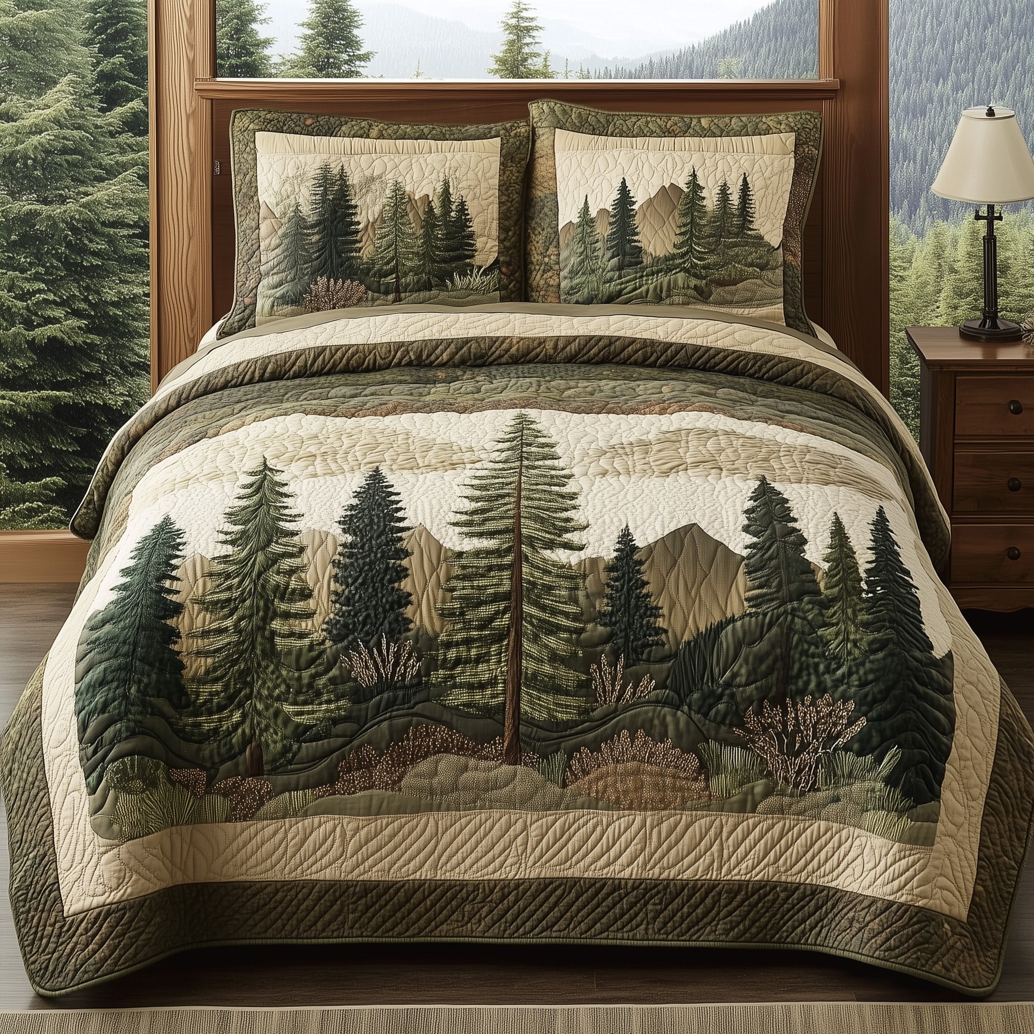 Misty Forest Quilted Bedding Set Nature Scenery Green Forest Presents - Bancroftclothings