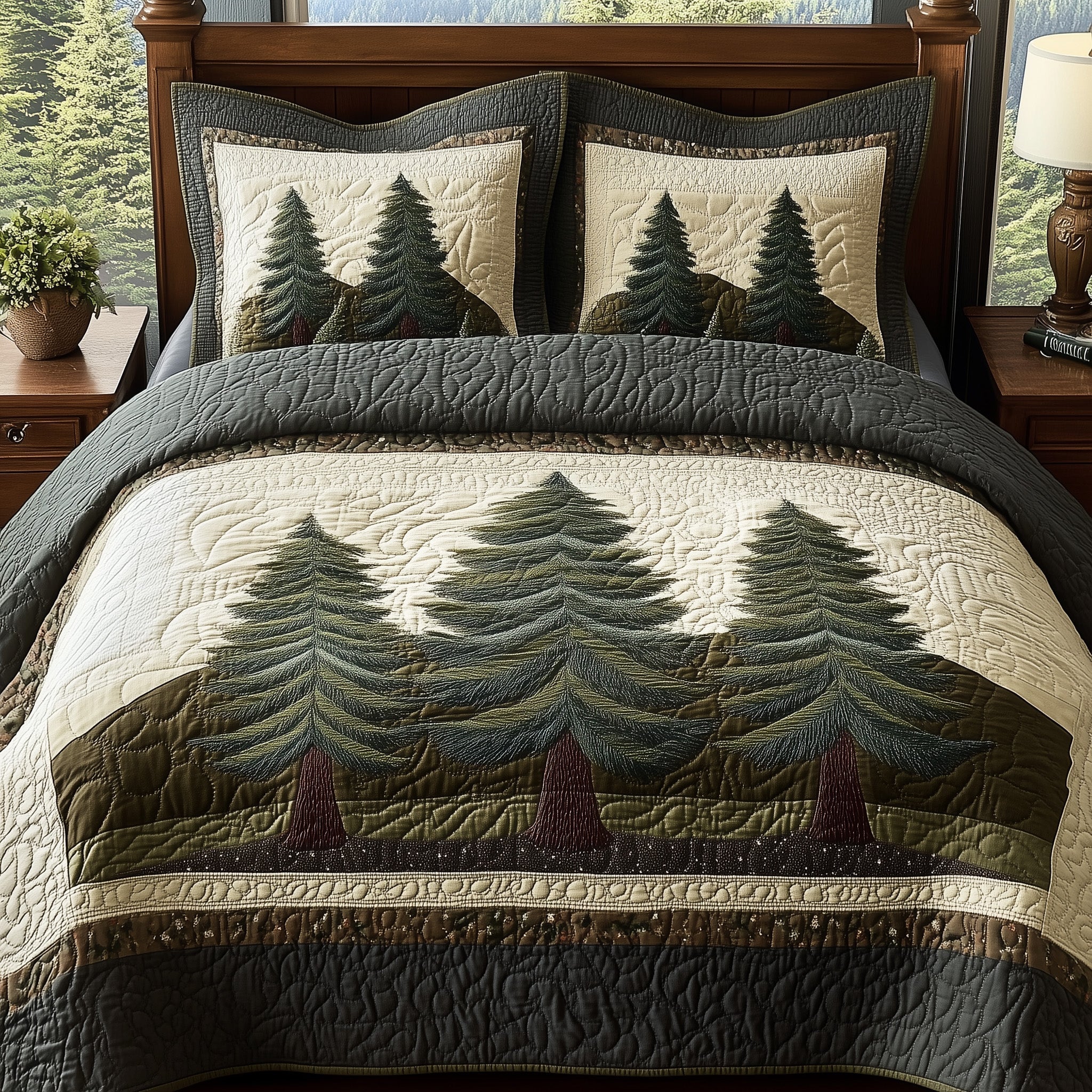 Misty Forest Quilted Bedding Set Pinecone Woodland Nature Forest Themed Bedding Gifts - Bancroftclothings