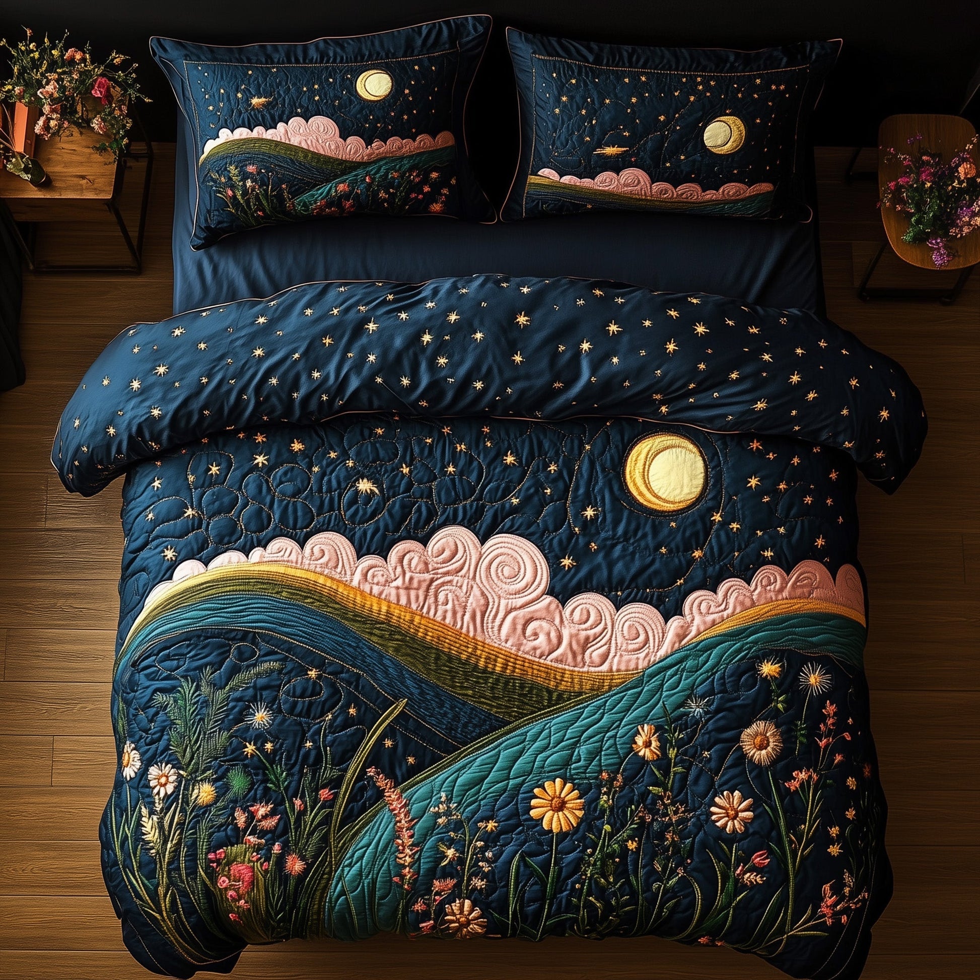 Moonlit Mountain Quilted Bedding Set Night Landscape Best Bedroom Gifts - Bancroftclothings