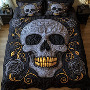 Mystic Skull Quilted Bedding Set Horror Black Roses Skull Art Decor Haunted Bedding Gift Ideas - Bancroftclothings