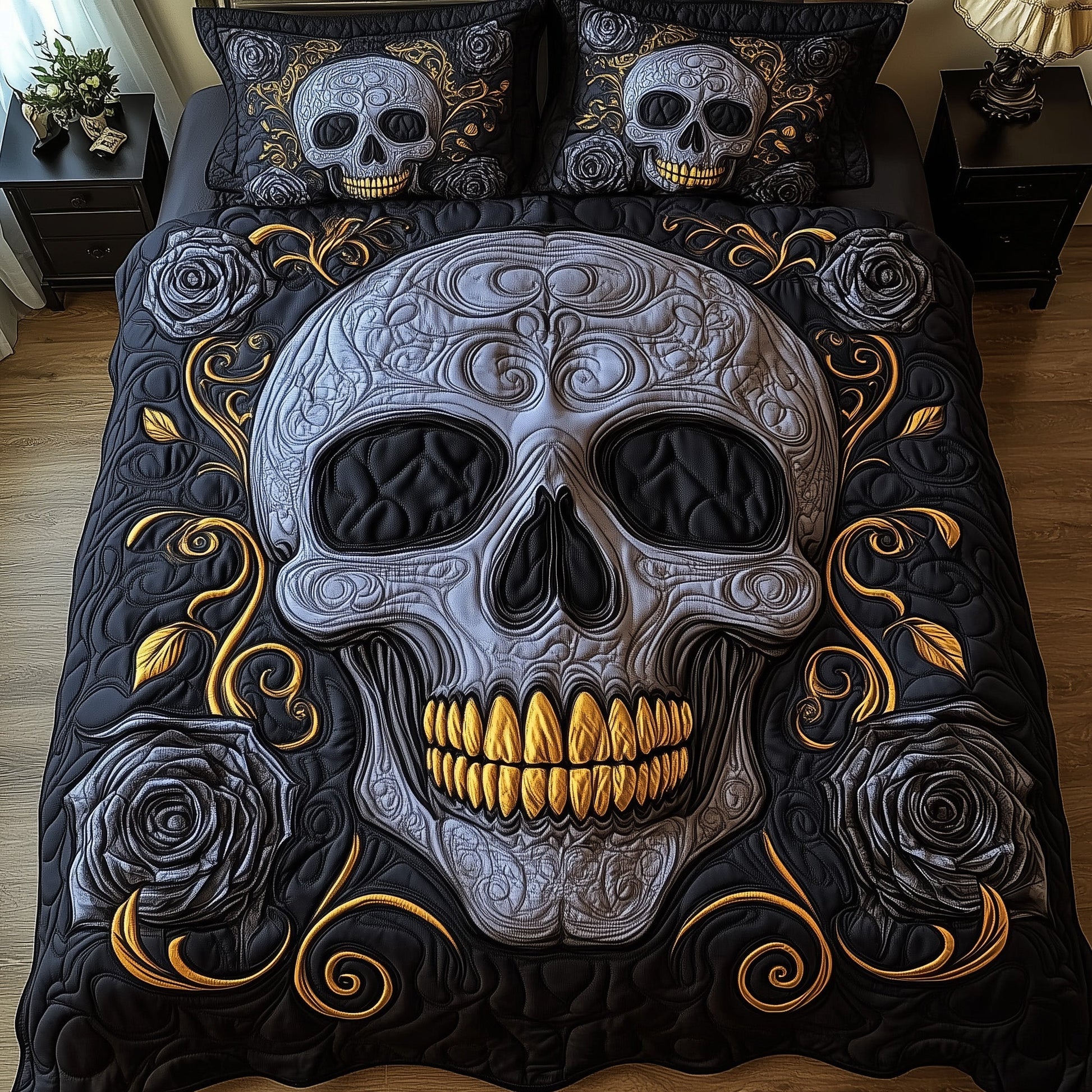 Mystic Skull Quilted Bedding Set Horror Black Roses Skull Art Decor Haunted Bedding Gift Ideas - Bancroftclothings