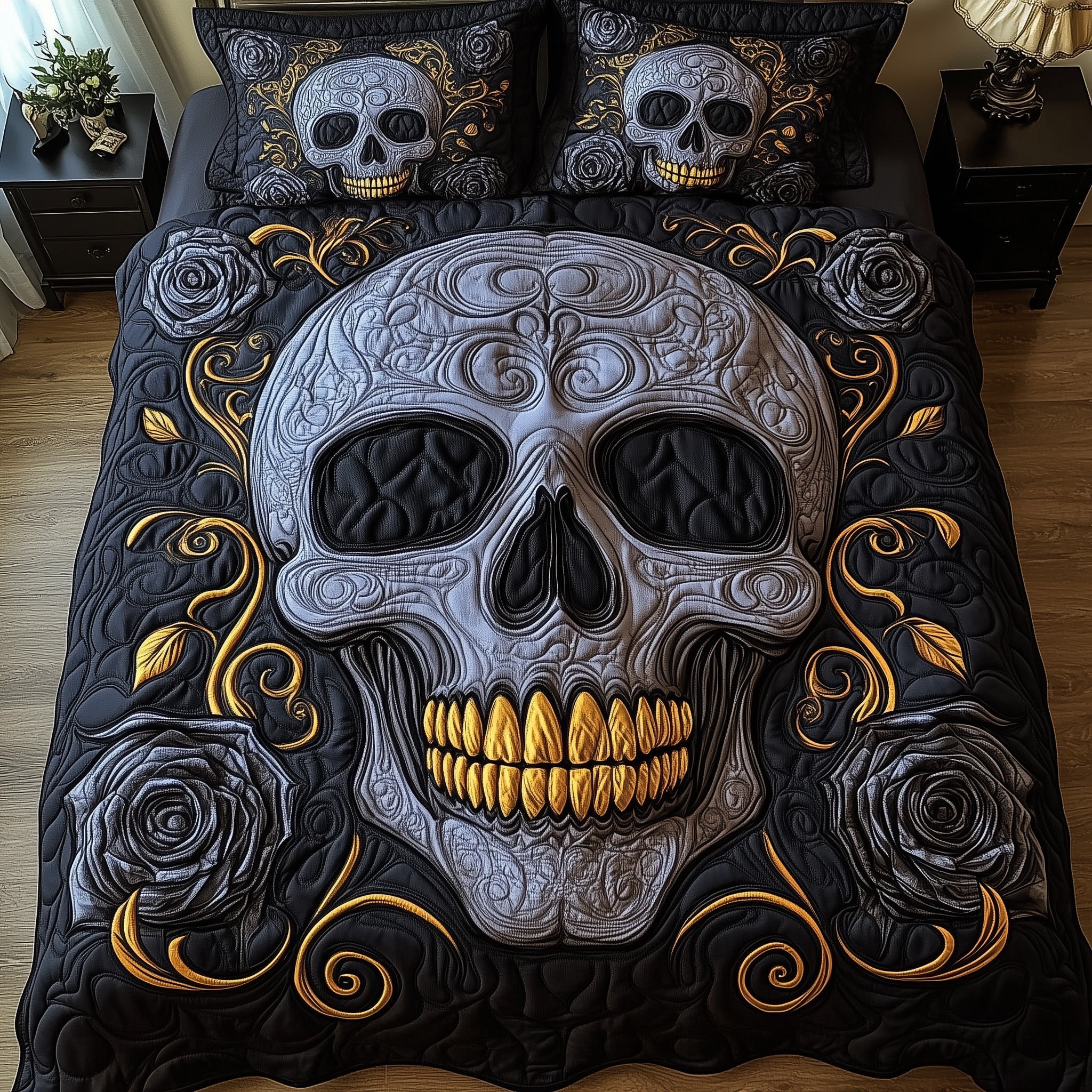 Mystic Skull Quilted Bedding Set Horror Black Roses Skull Art Decor Haunted Bedding Gift Ideas - Bancroftclothings
