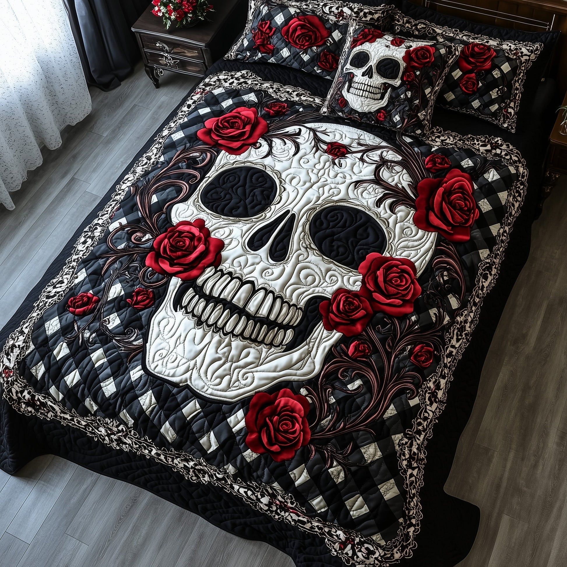 Mystic Skull Quilted Bedding Set Horror Red Roses Skull Art Decor Haunted Bedding Gift Ideas - Bancroftclothings