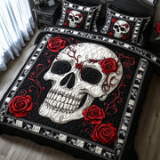 Mystic Skull Quilted Bedding Set Red Roses Skull Vibes Horror Halloween Presents - Bancroftclothings