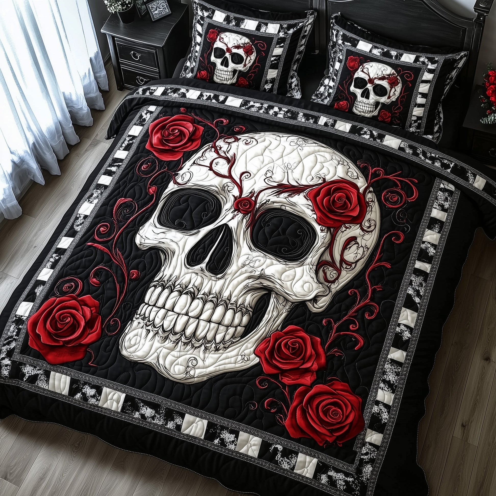 Mystic Skull Quilted Bedding Set Red Roses Skull Vibes Horror Halloween Presents - Bancroftclothings