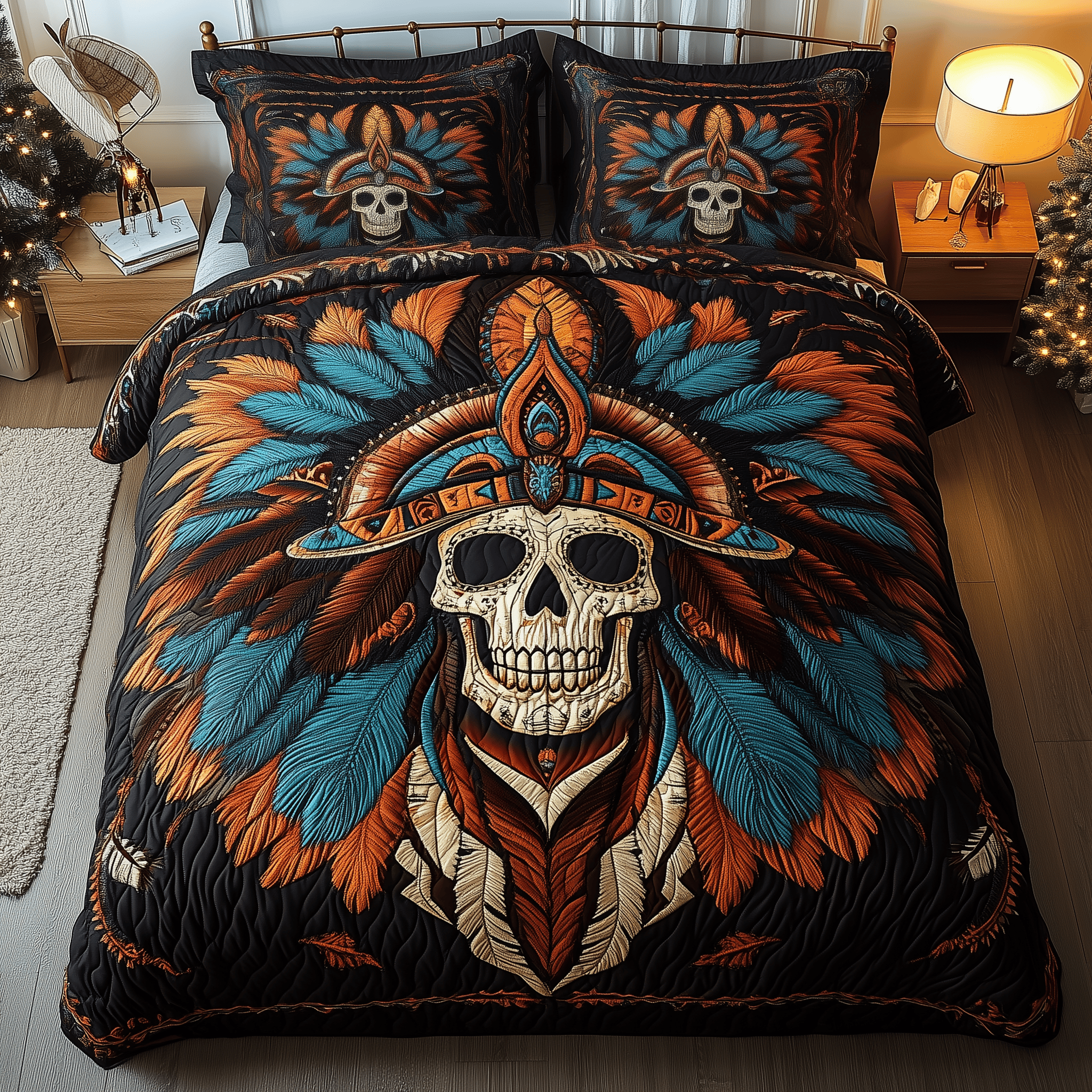 Native Warrior Skull Quilted Bedding Set Valentine's Day Duvet Cover Gifts With Skulls On Them - Bancroftclothings