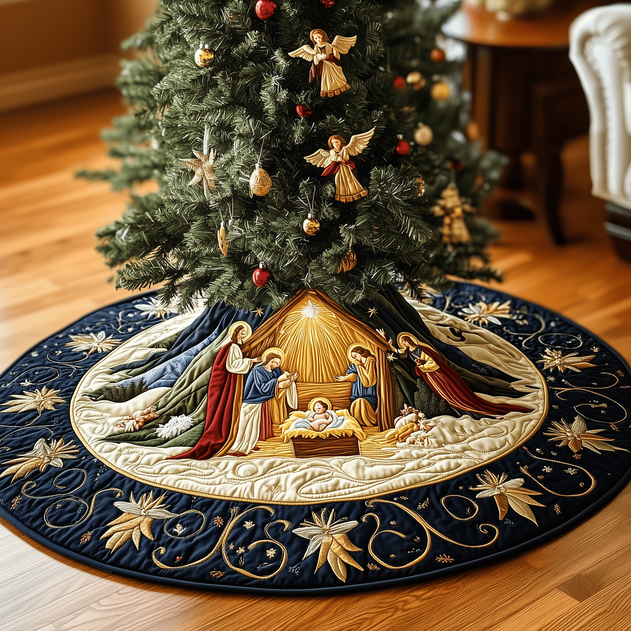 Nativity Scene Quilted Tree Skirt Make Every Holiday Moment Bright with a Chic Tree Skirt - Bancroftclothings