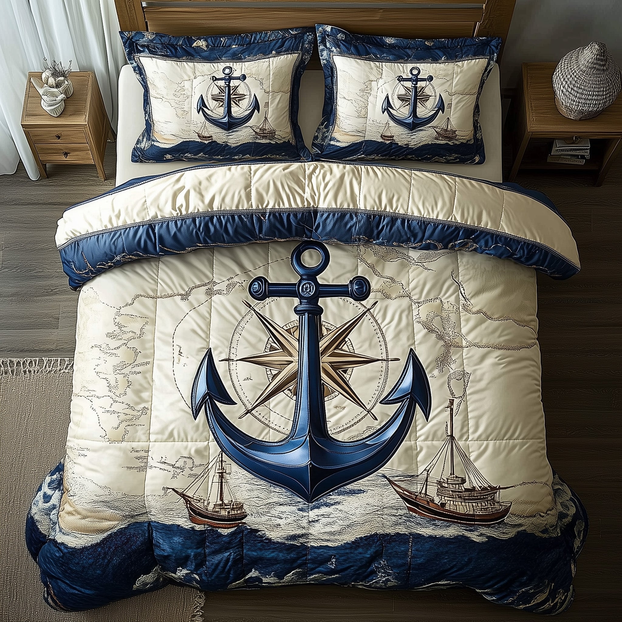 Nautical Anchor Quilted Bedding Set Maritime Decor Bedding Ideas Gifts - Bancroftclothings