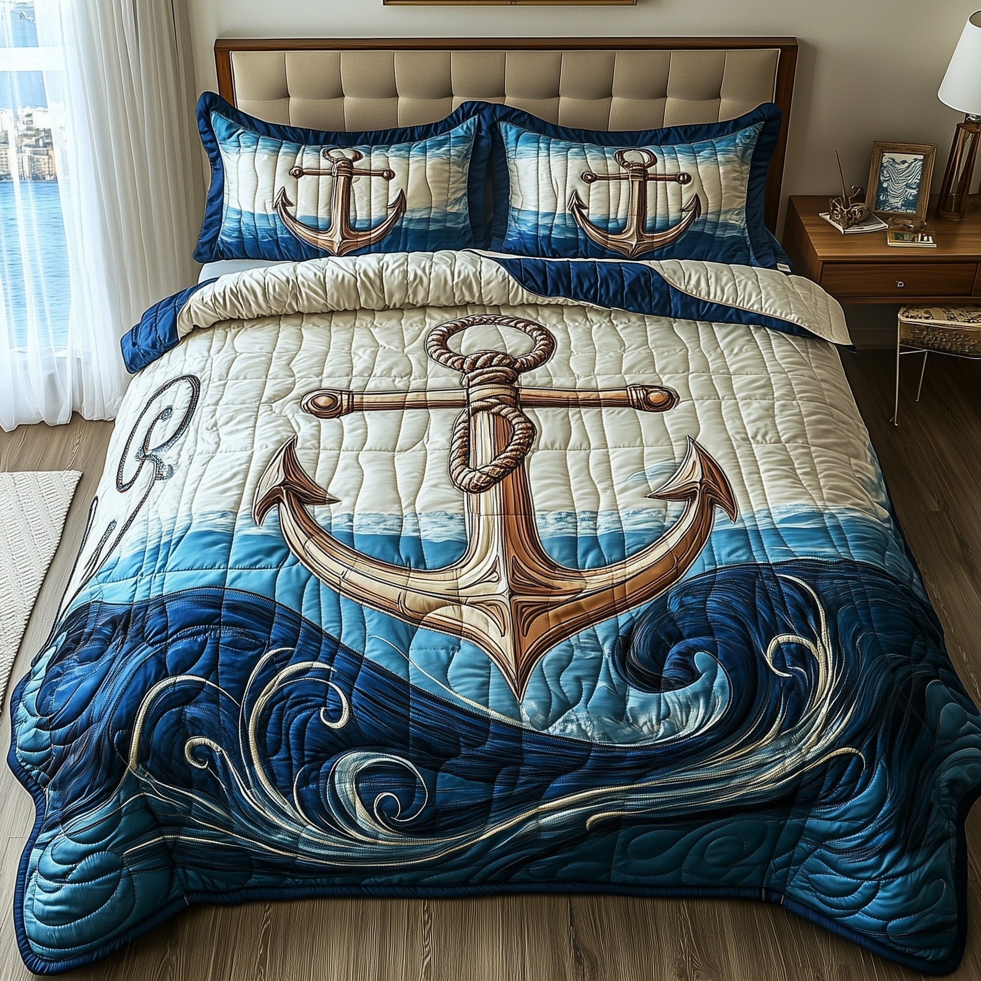 Nautical Anchor Quilted Bedding Set Maritime Decor Bedding Ideas Gifts For Navy Lovers - Bancroftclothings