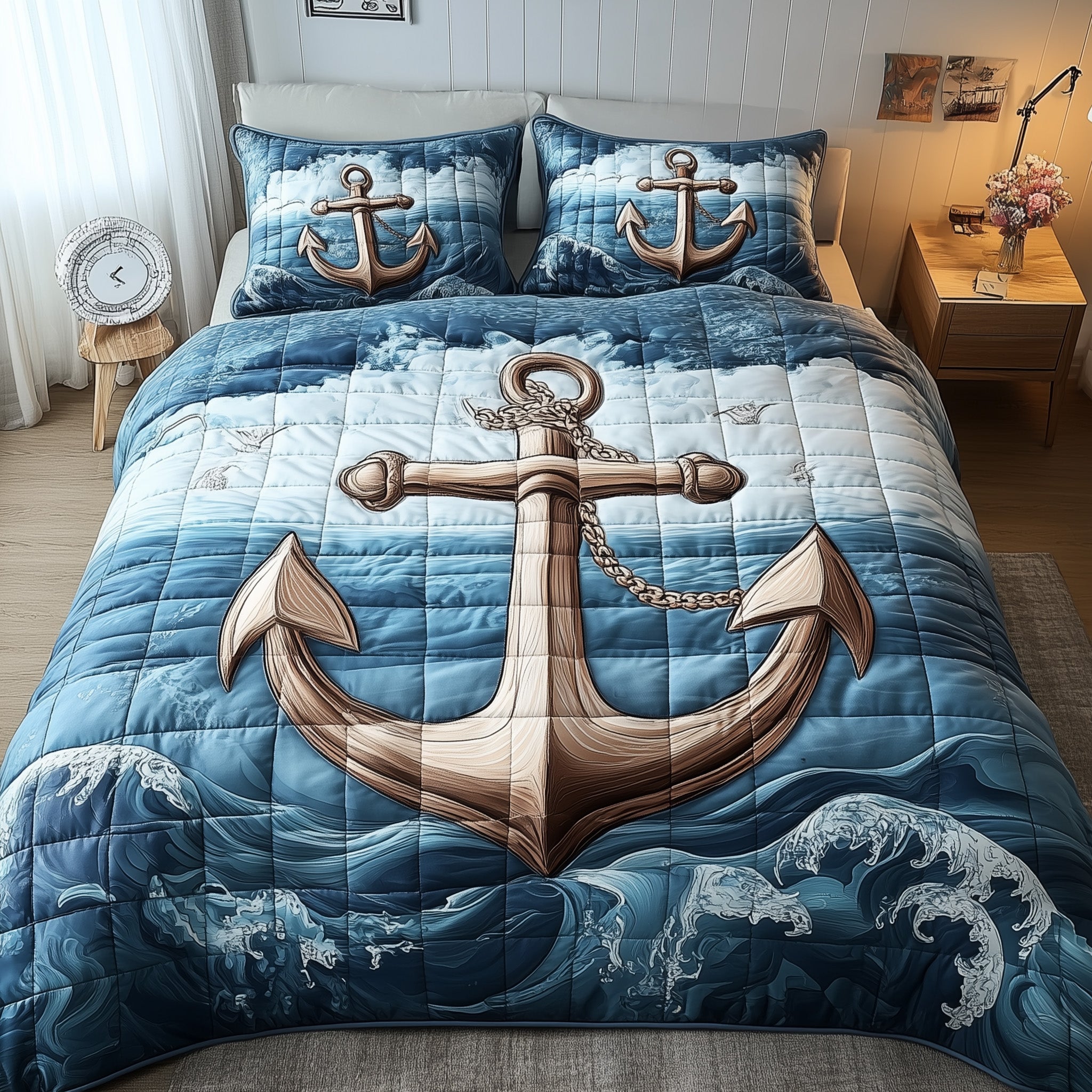 Nautical Anchor Quilted Bedding Set Maritime Decor Holiday Bedding Gifts - Bancroftclothings