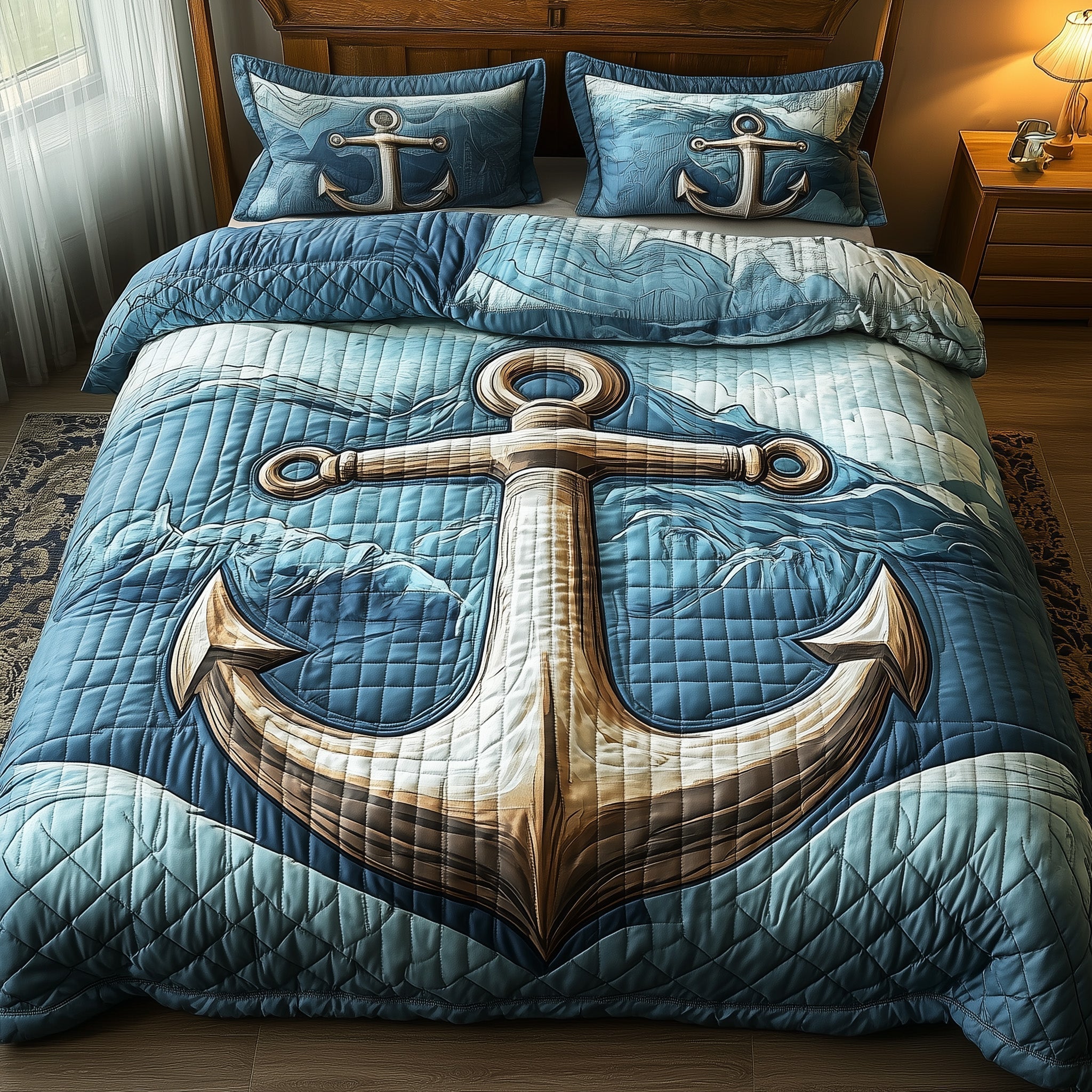 Nautical Anchor Quilted Bedding Set Maritime Design Holiday Sea Lover Bedding Gift - Bancroftclothings