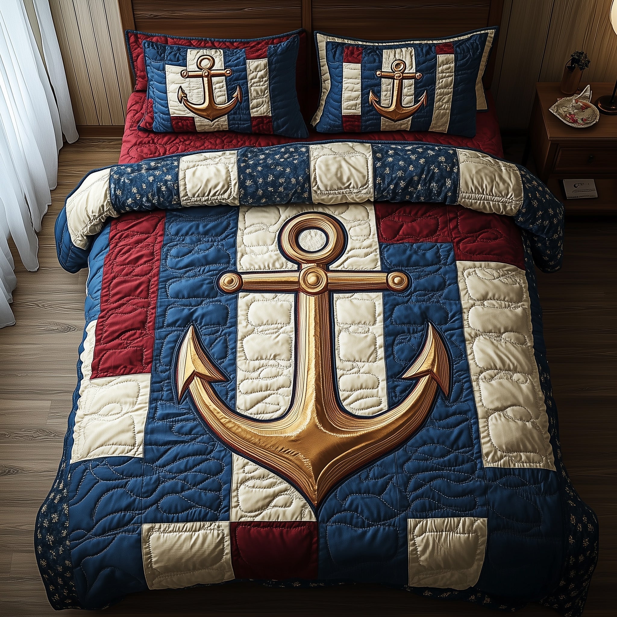 Nautical Anchor Quilted Bedding Set Maritime Style Quilt Decor Best Bedding Gifts - Bancroftclothings
