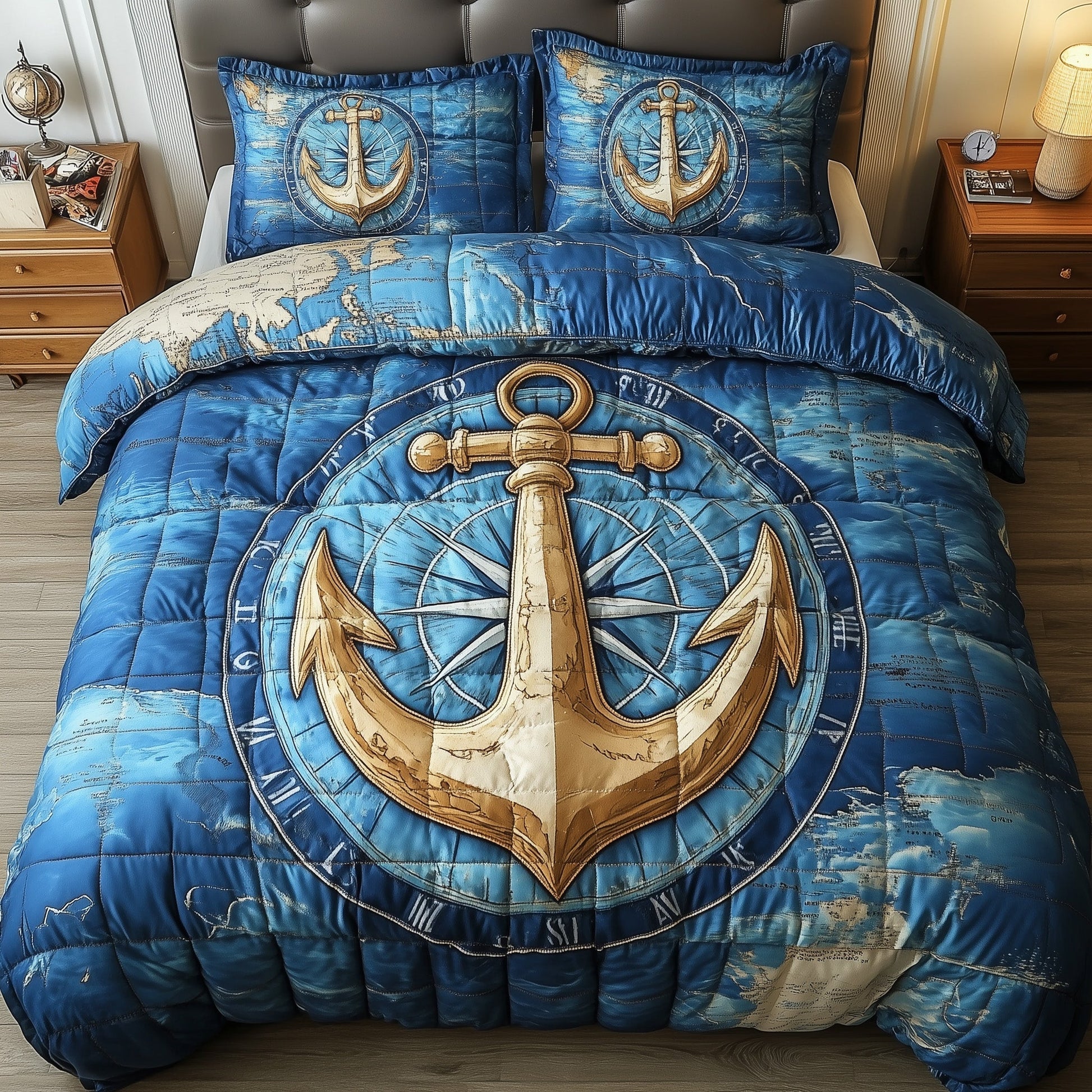 Nautical Anchor Quilted Bedding Set Navy Anchor Decor Marine Bedding Theme Gifts - Bancroftclothings