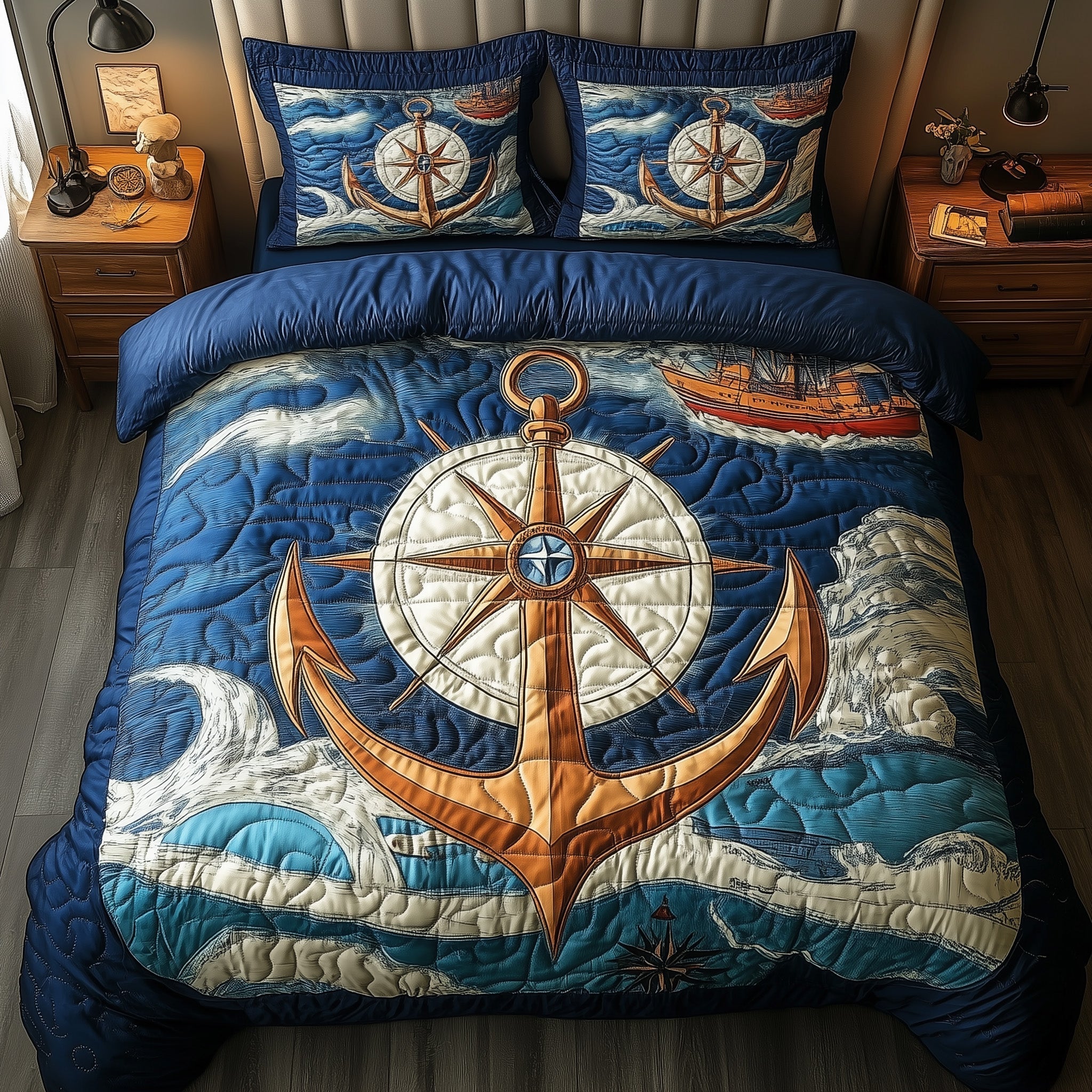 Nautical Anchor Quilted Bedding Set Navy Anchor Decor Marine Bedding Theme Presents - Bancroftclothings