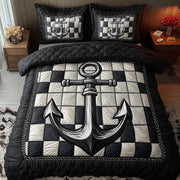 Nautical Anchor Quilted Bedding Set Navy Anchor Quilt Black And White Unique Bedding Gifts - Bancroftclothings