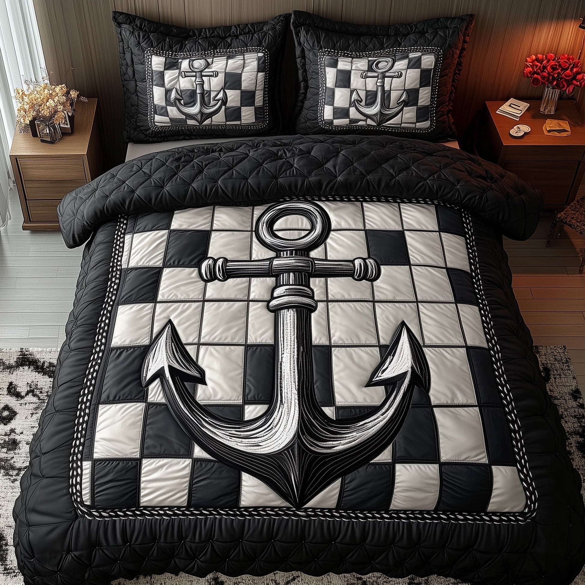 Nautical Anchor Quilted Bedding Set Navy Anchor Quilt Black And White Unique Bedding Gifts - Bancroftclothings