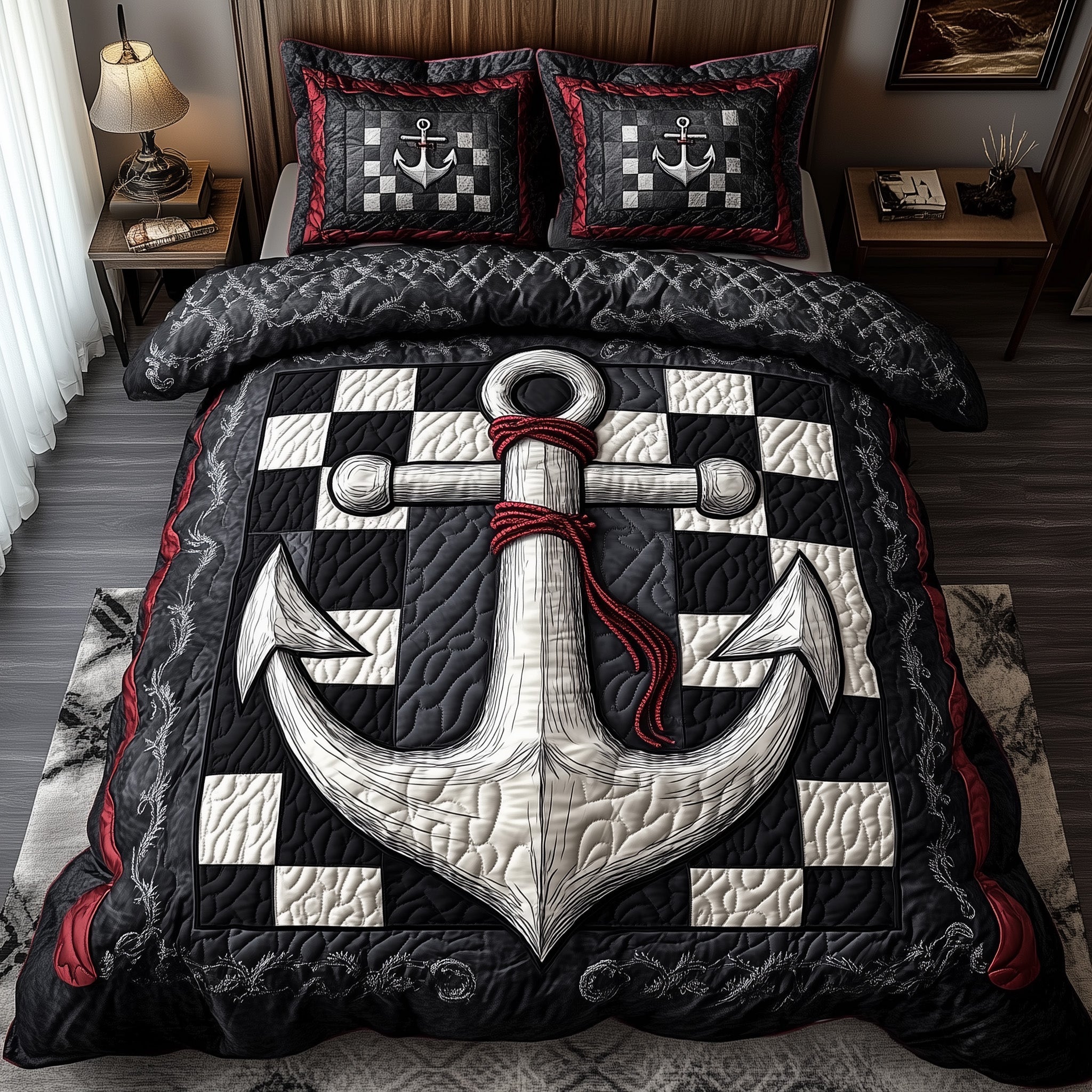 Nautical Anchor Quilted Bedding Set Navy Anchor Quilt Cover Best Bedding Gifts - Bancroftclothings