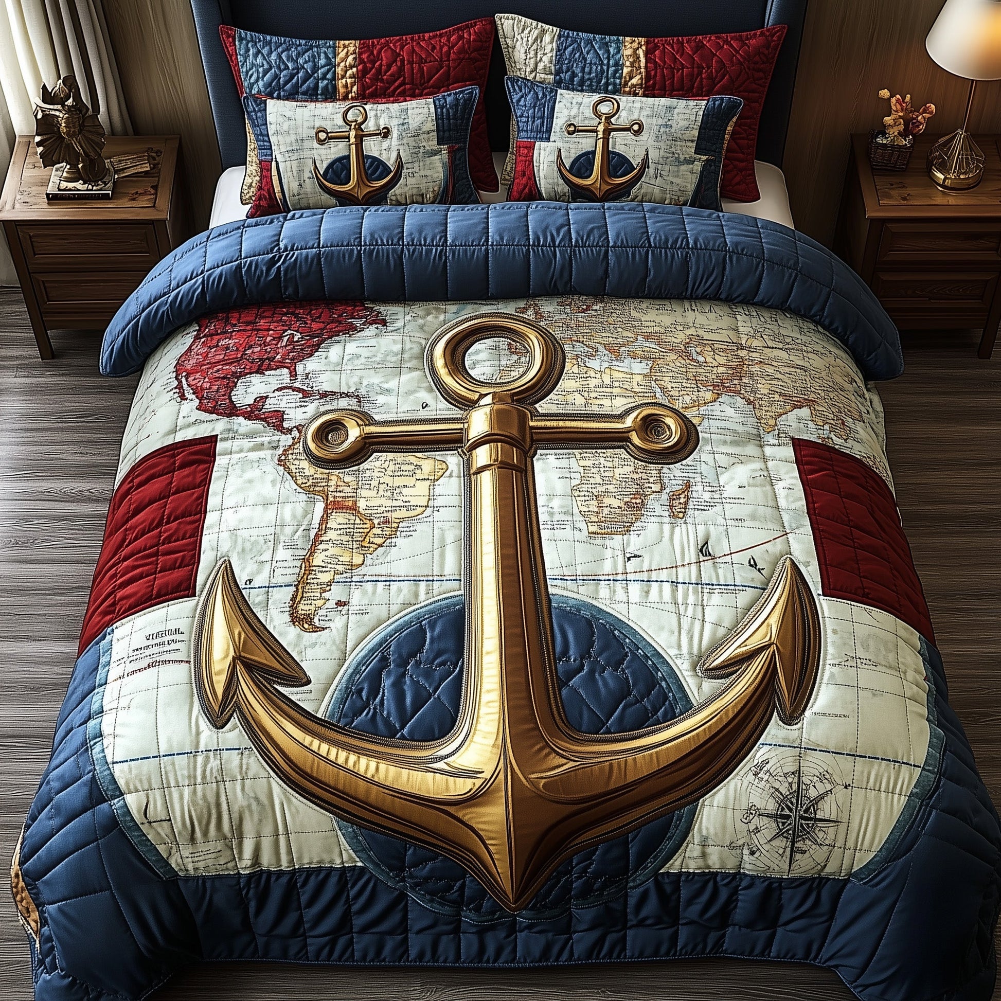 Nautical Anchor Quilted Bedding Set Navy Anchor Quilt Cover Unique Bedding Gifts - Bancroftclothings