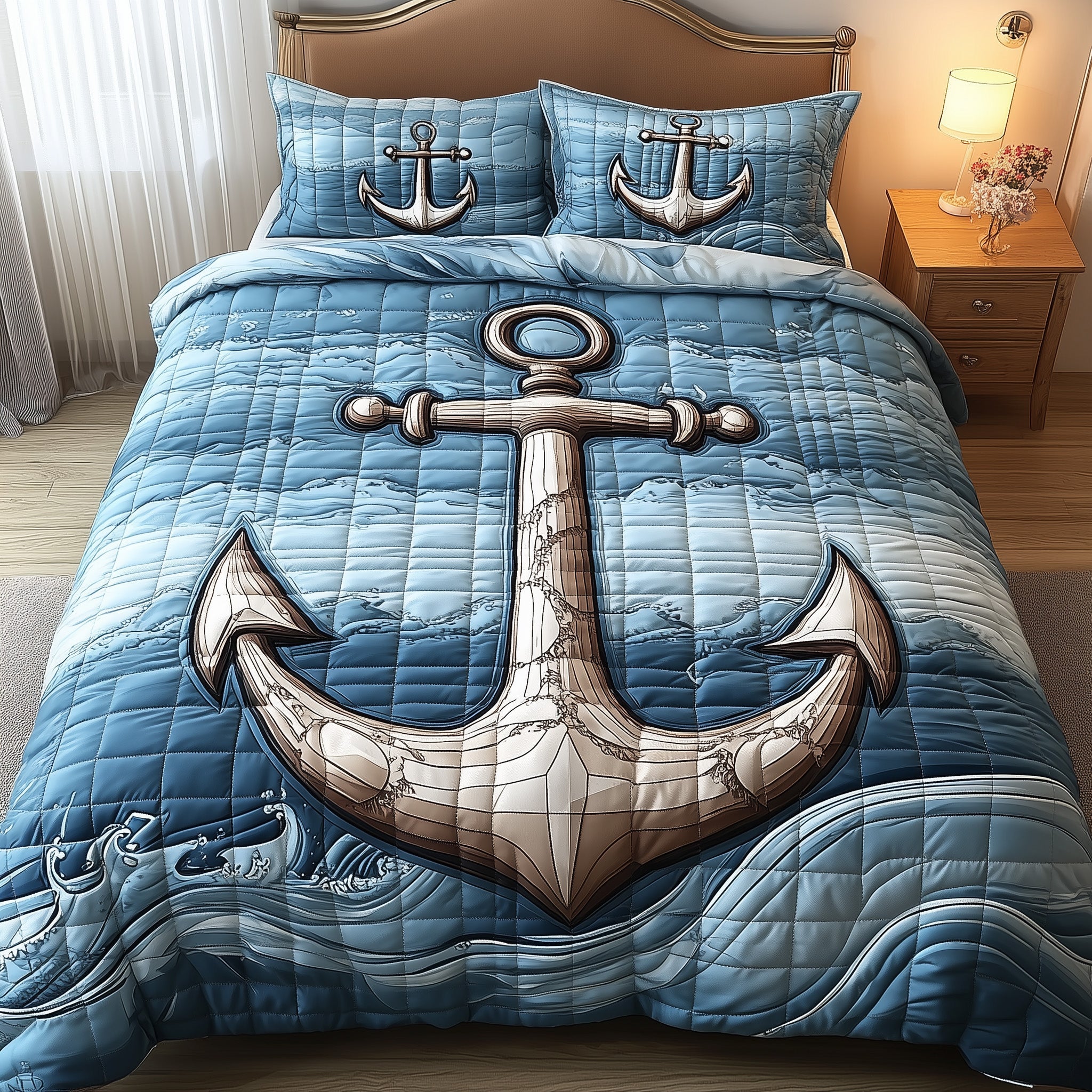 Nautical Anchor Quilted Bedding Set Ocean-Themed Illustration Holiday Sea Lover Bedding Gift - Bancroftclothings
