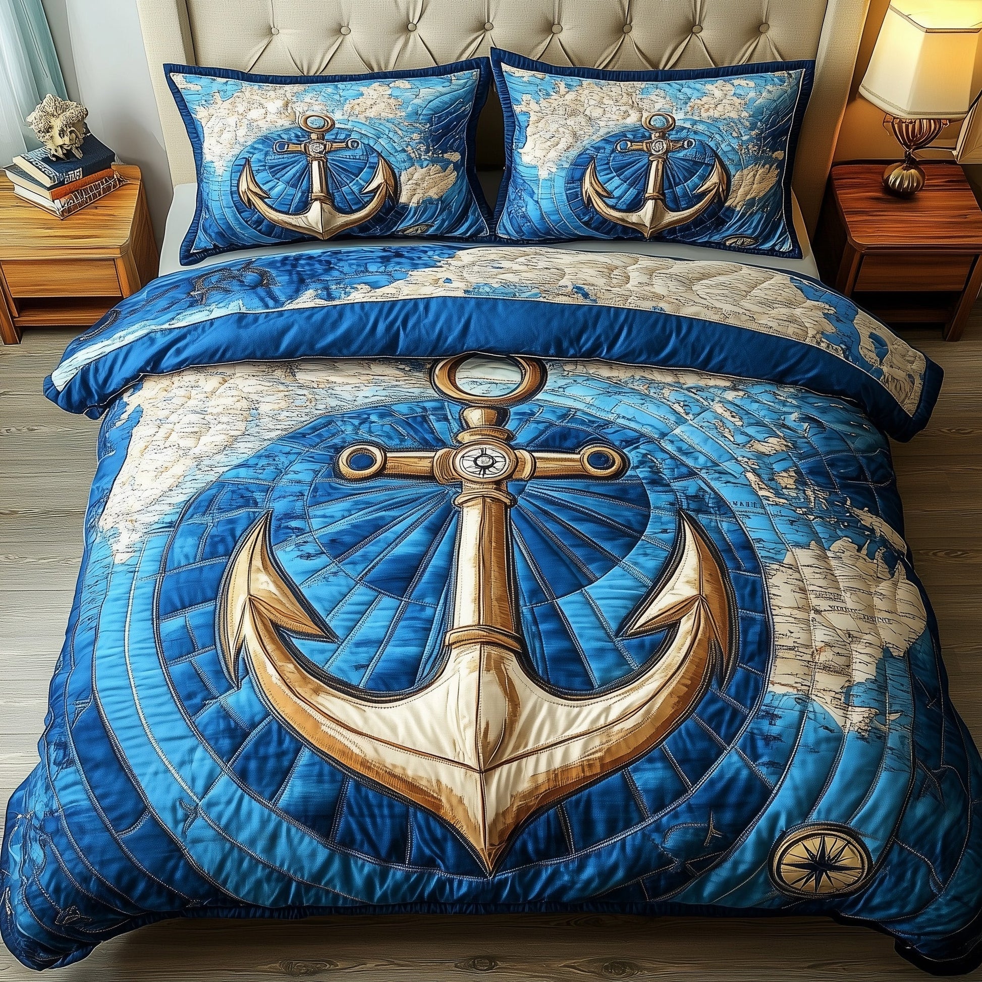 Nautical Anchor Quilted Bedding Set Sailor Theme Nautical Home Decor Gifts - Bancroftclothings