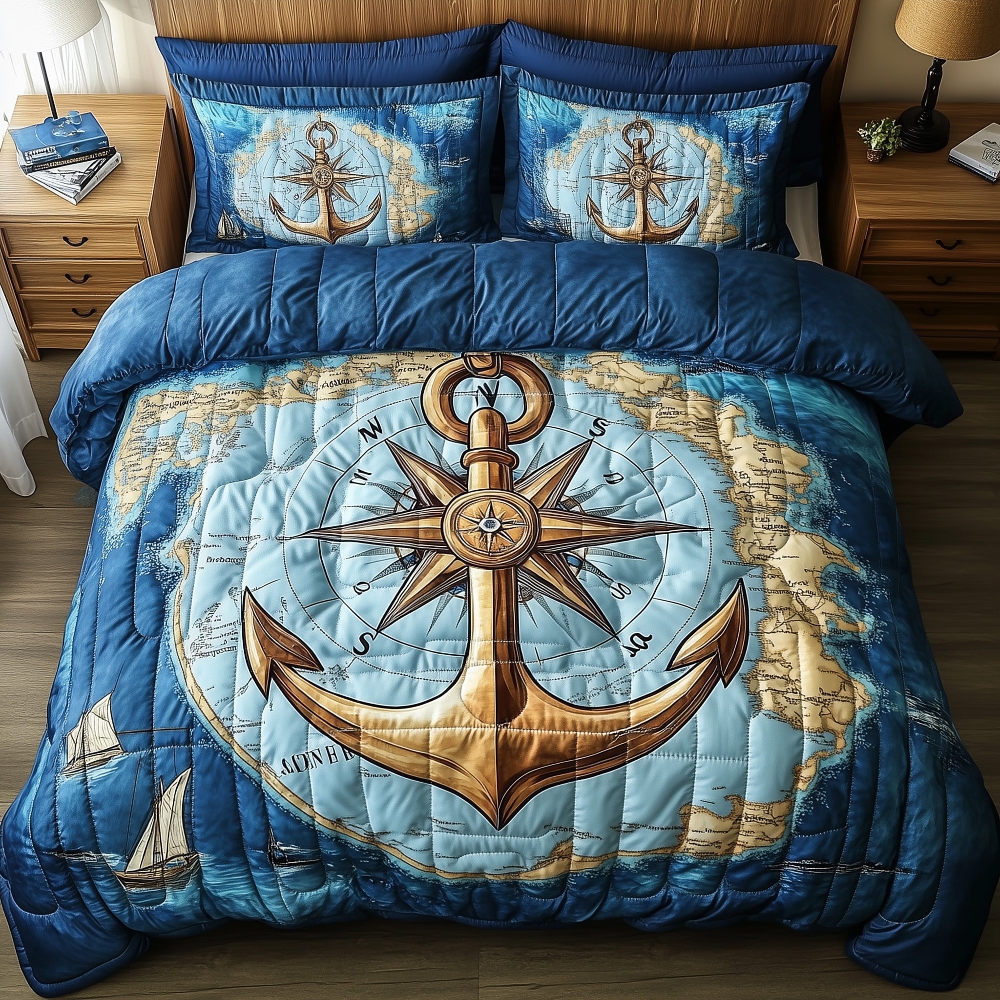 Nautical Anchor Quilted Bedding Set Ship Anchor Compass Design Seaside Theme Bedding - Bancroftclothings