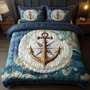 Nautical Anchor Quilted Bedding Set Ship Anchor Compass Design Seaside Theme Gifts - Bancroftclothings