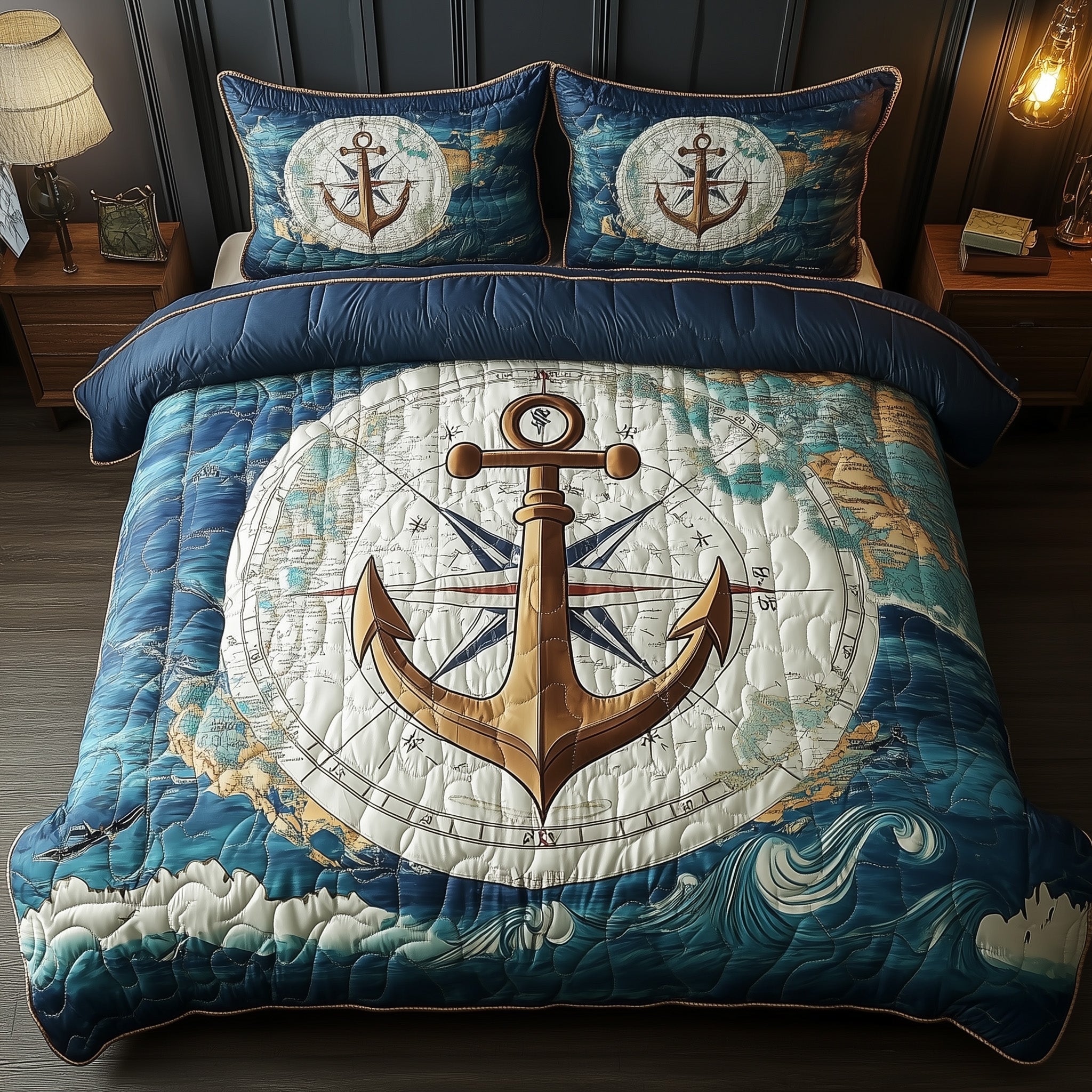 Nautical Anchor Quilted Bedding Set Ship Anchor Compass Design Seaside Theme Gifts - Bancroftclothings