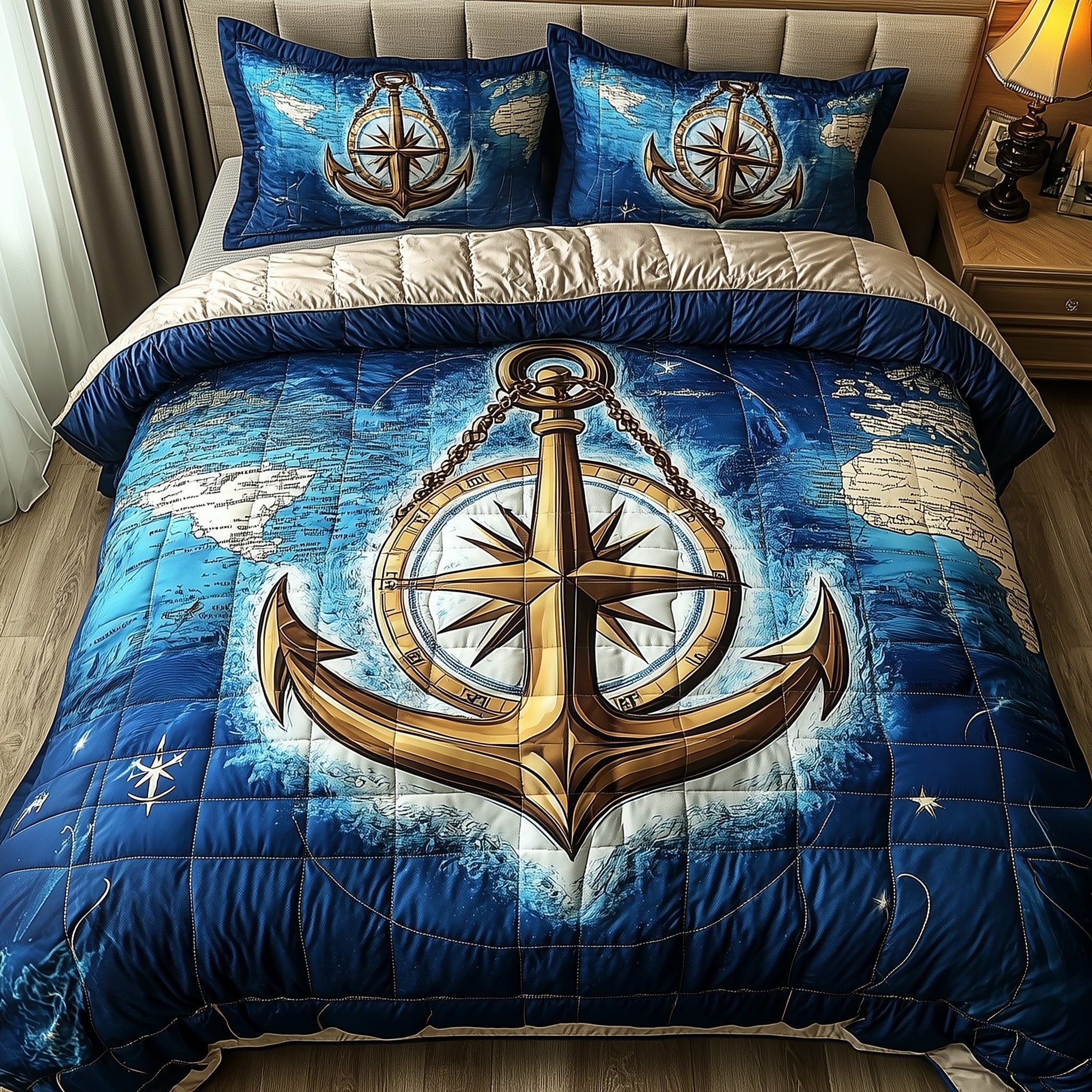 Nautical Anchor Quilted Bedding Set Ship Anchor Compass Design Seaside Theme Gifts For Him - Bancroftclothings