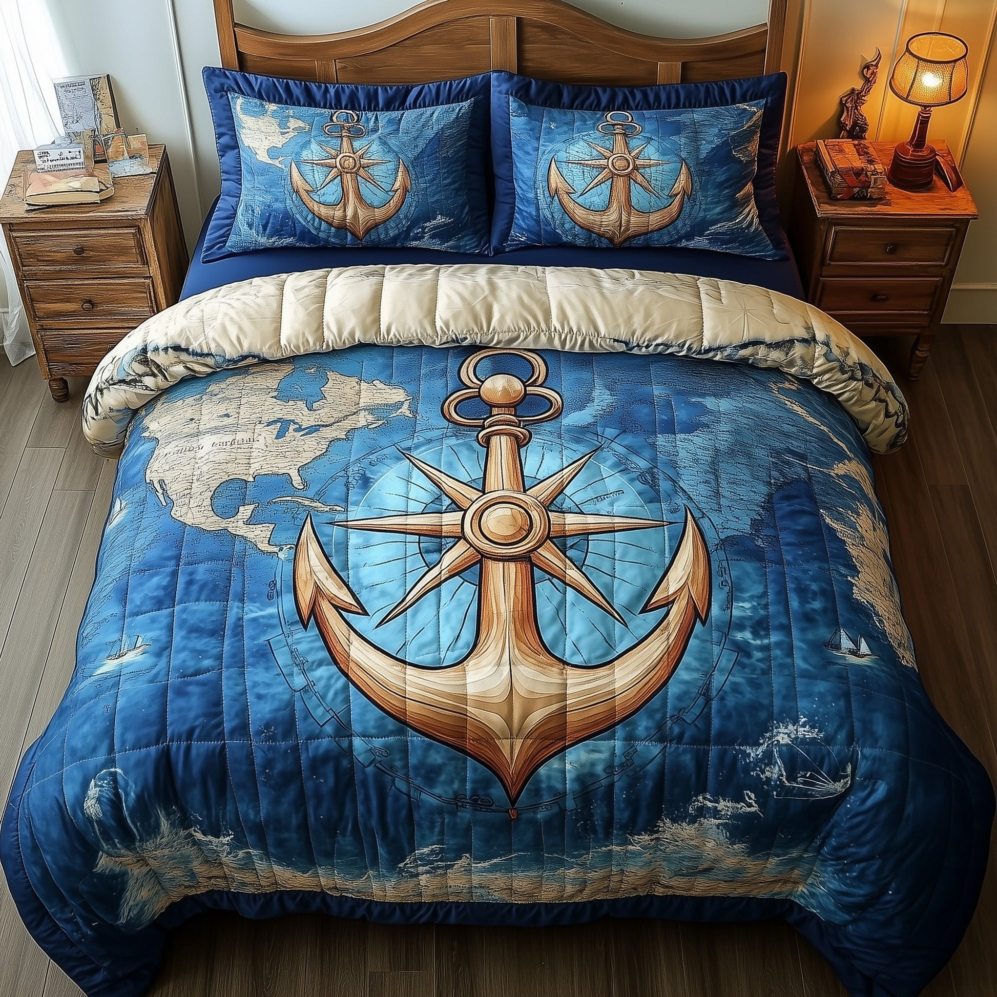 Nautical Anchor Quilted Bedding Set Ship Anchor Compass Illustration Best Bedding Gifts - Bancroftclothings