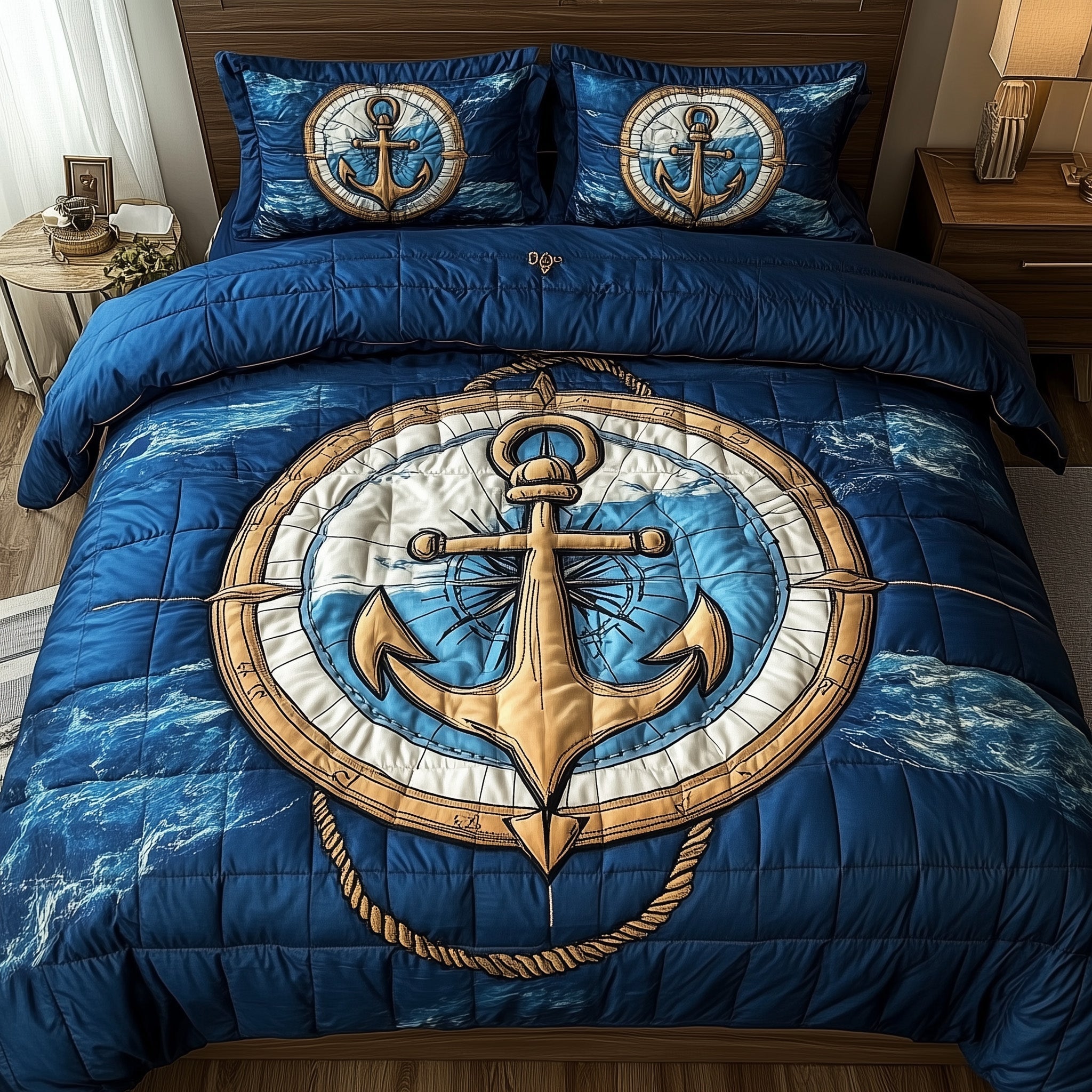 Nautical Anchor Quilted Bedding Set Ship Anchor Compass Illustration Decorative Navy Gifts - Bancroftclothings