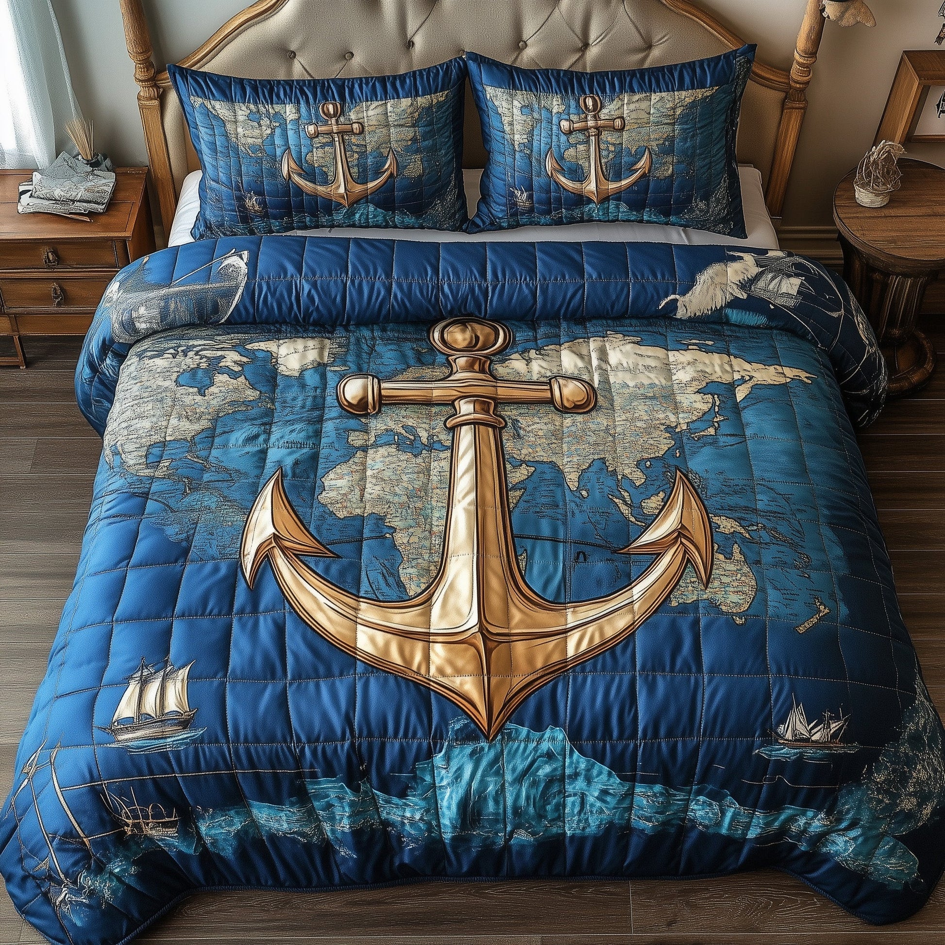Nautical Anchor Quilted Bedding Set Ship Anchor Compass Theme Best Bedding Gifts Ideas - Bancroftclothings