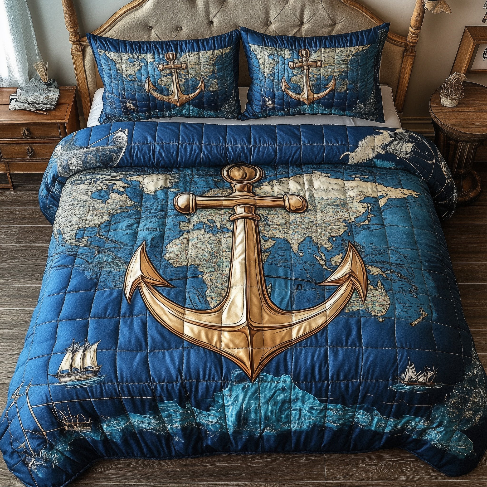 Nautical Anchor Quilted Bedding Set Ship Anchor Compass Theme Best Bedding Gifts Ideas - Bancroftclothings