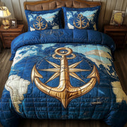 Nautical Anchor Quilted Bedding Set Ship Anchor Compass Theme Seaside Illustration Bedding - Bancroftclothings