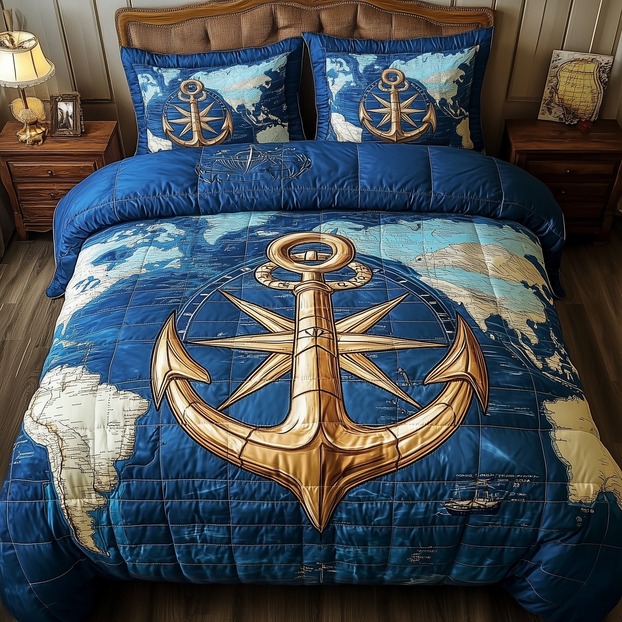 Nautical Anchor Quilted Bedding Set Ship Anchor Compass Theme Seaside Illustration Bedding - Bancroftclothings