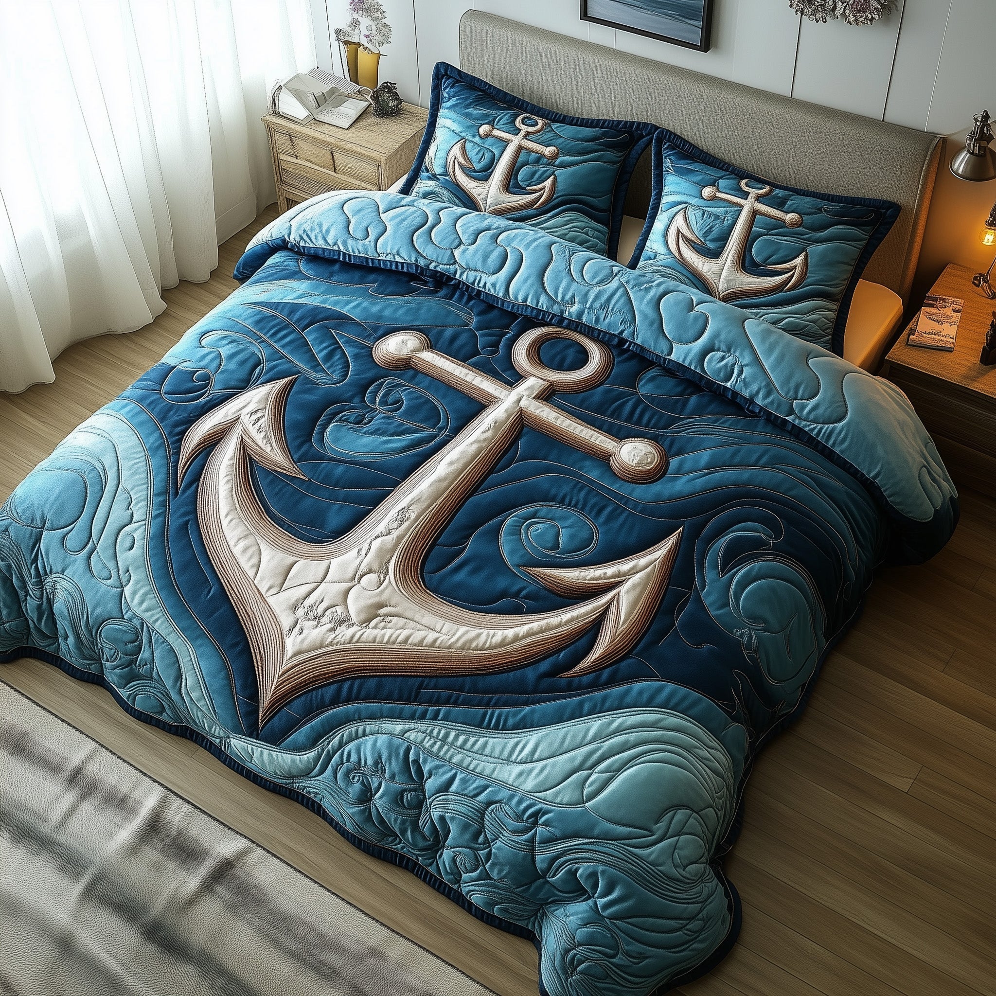 Nautical Anchor Quilted Bedding Set Ship Anchor Illustration Sea Lover Gifts - Bancroftclothings