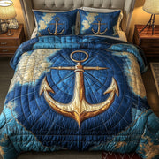 Nautical Anchor Quilted Bedding Set Ship Anchor World Compass Decor Seaside Theme Gifts - Bancroftclothings