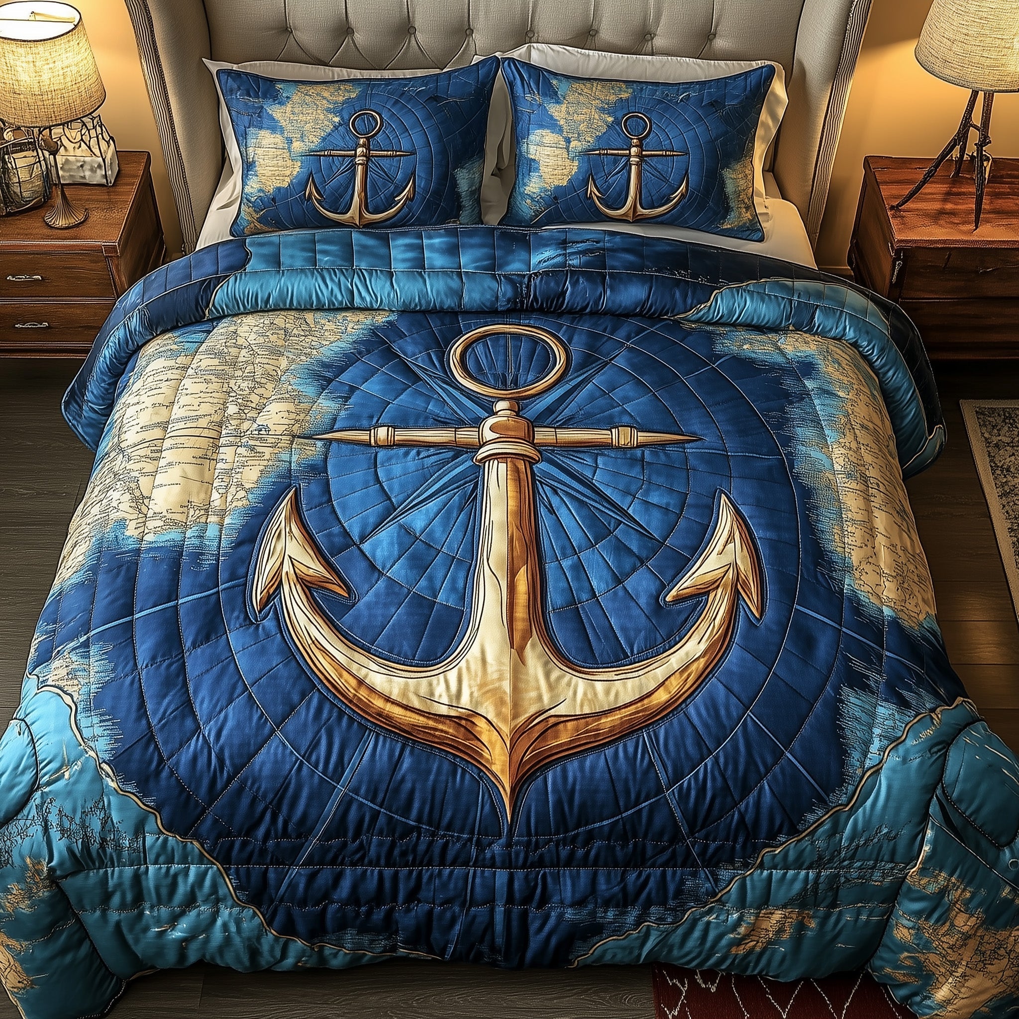 Nautical Anchor Quilted Bedding Set Ship Anchor World Compass Decor Seaside Theme Gifts - Bancroftclothings