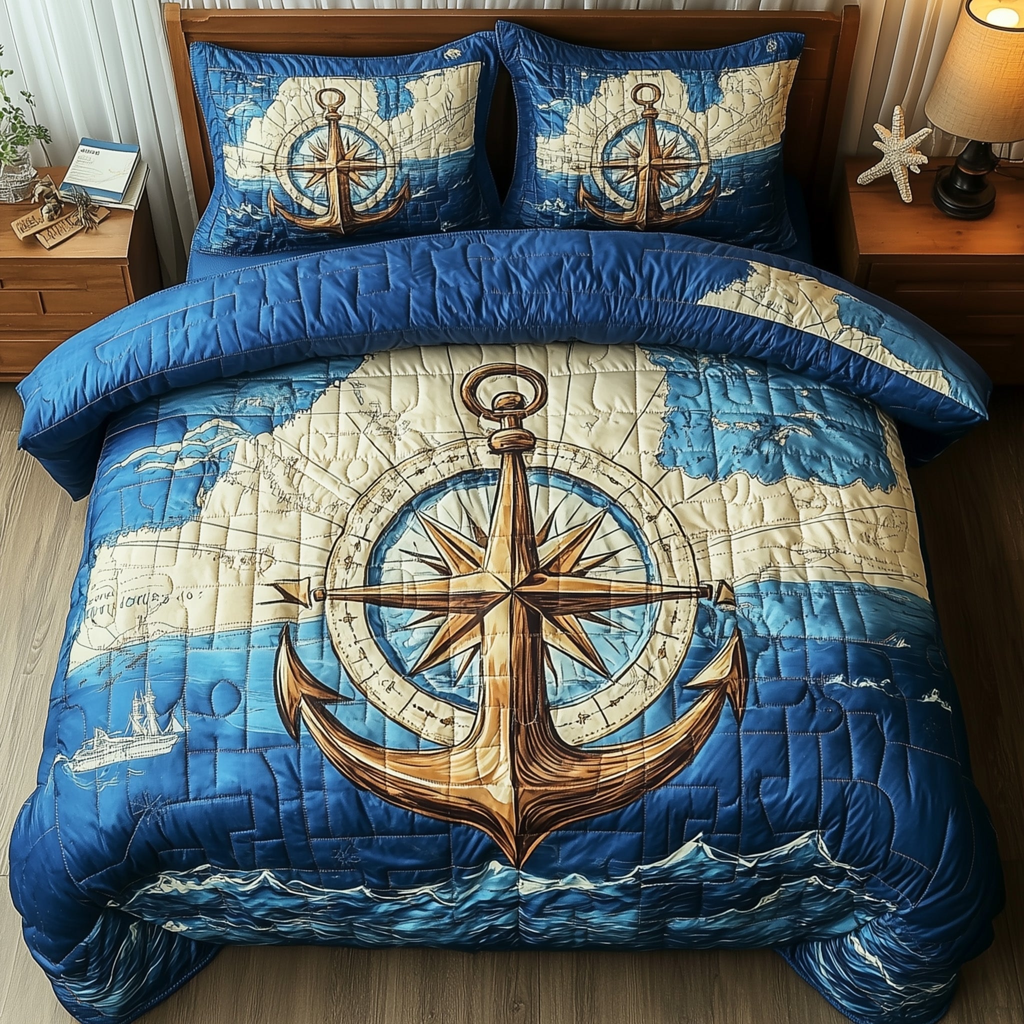 Nautical Anchor Quilted Bedding Set Ship Anchor World Compass Design Seaside Theme Gift Ideas - Bancroftclothings