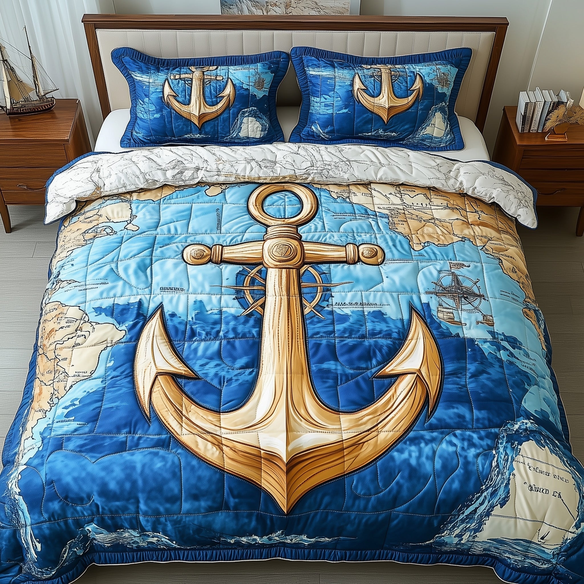 Nautical Anchor Quilted Bedding Set Ship Compass Anchor Theme Great Bedding Set - Bancroftclothings