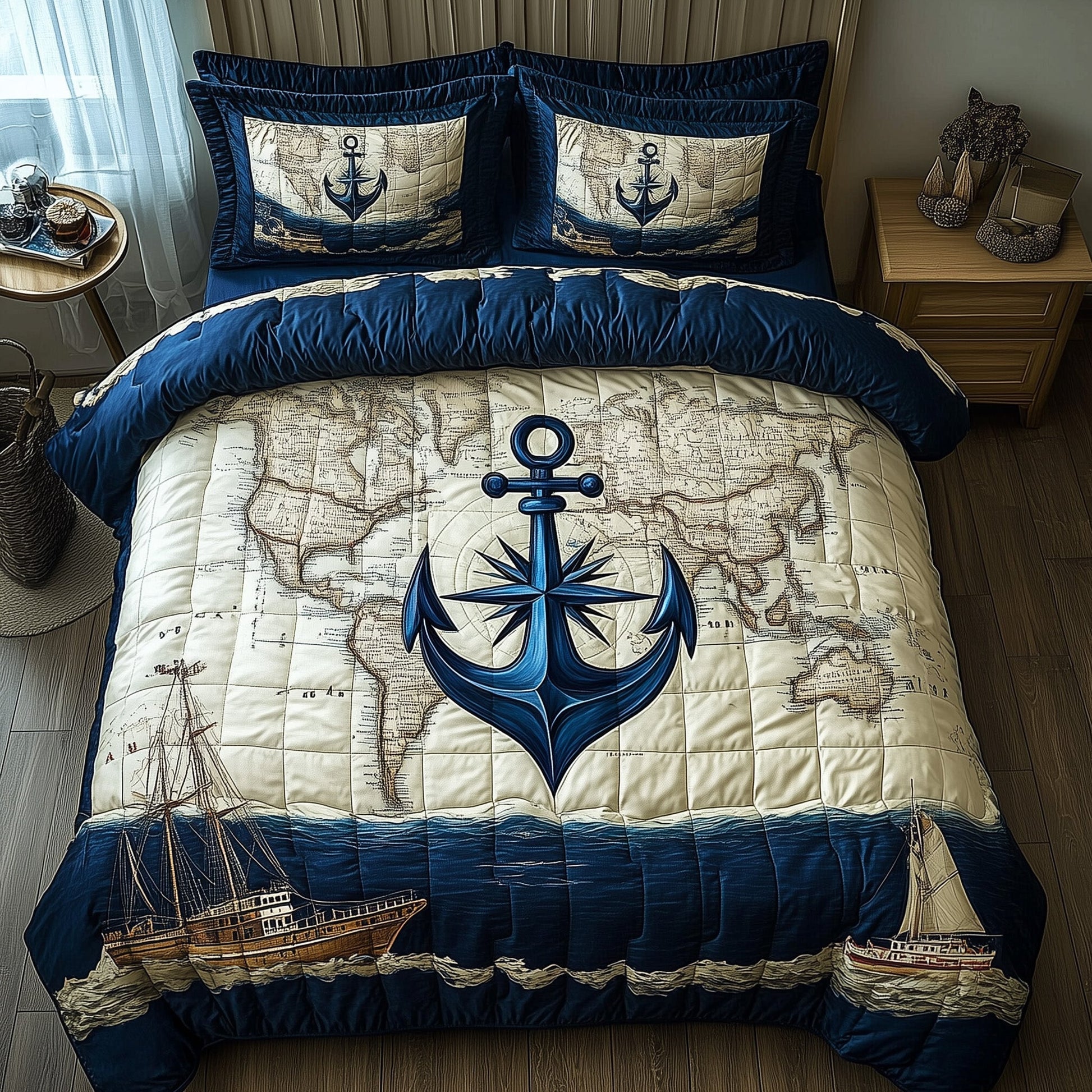 Nautical Anchor Quilted Bedding Set United State Navy Merch Unique Navy Gifts - Bancroftclothings