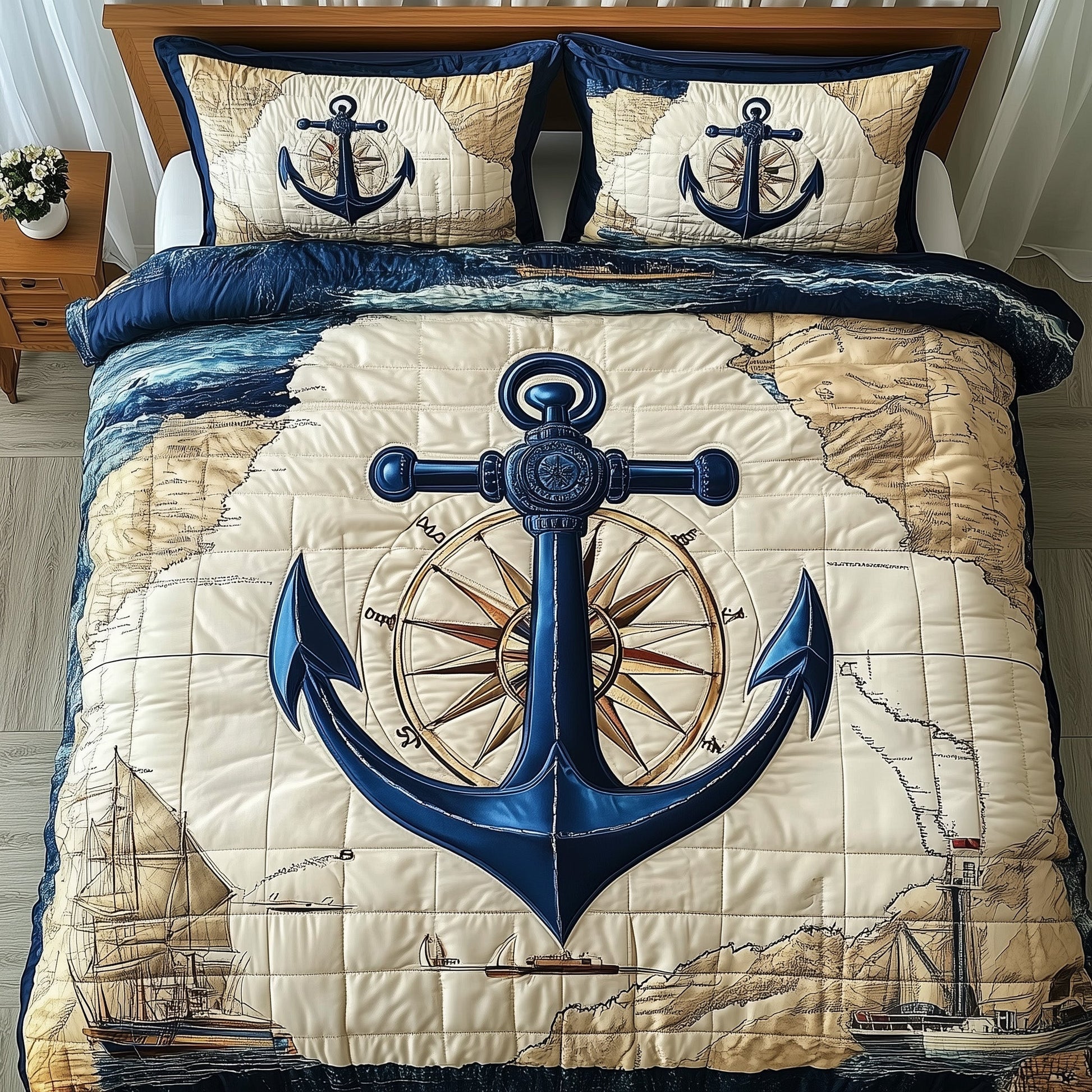 Nautical Anchor Quilted Bedding Set United States Navy Navy Veteran Gifts - Bancroftclothings