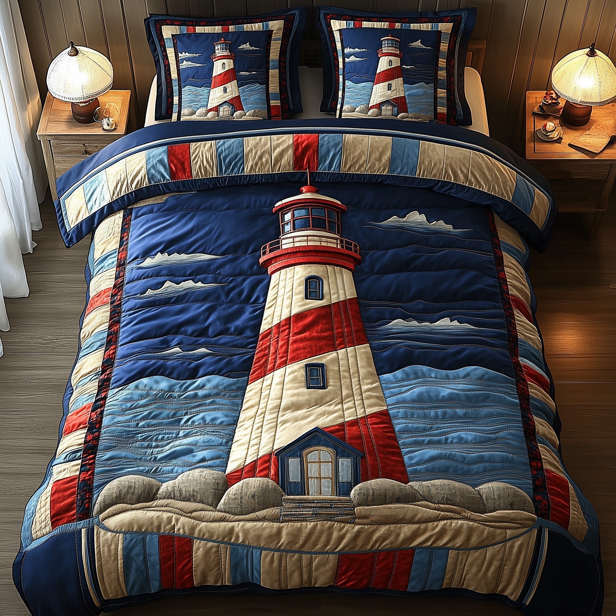 Nautical Lighthouse Quilted Bedding Set Beach House Bedding Decor Best Bedding Gifts - Bancroftclothings