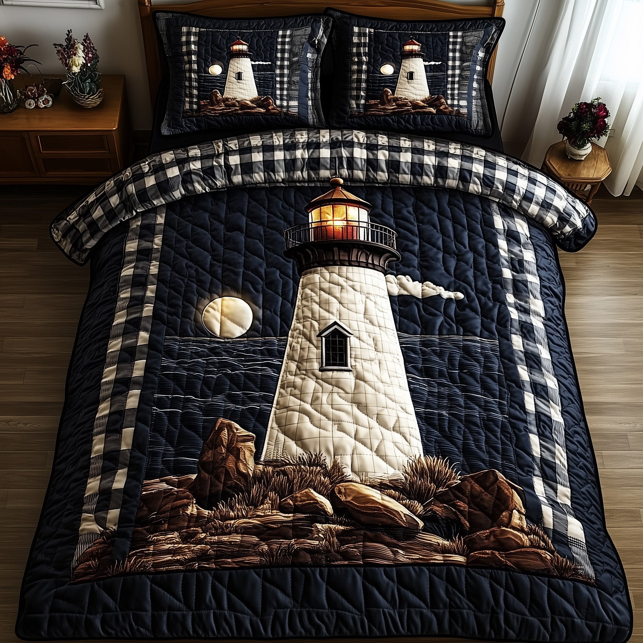 Nautical Lighthouse Quilted Bedding Set Lighthouse And Sailor Design Bedding Gifts - Bancroftclothings