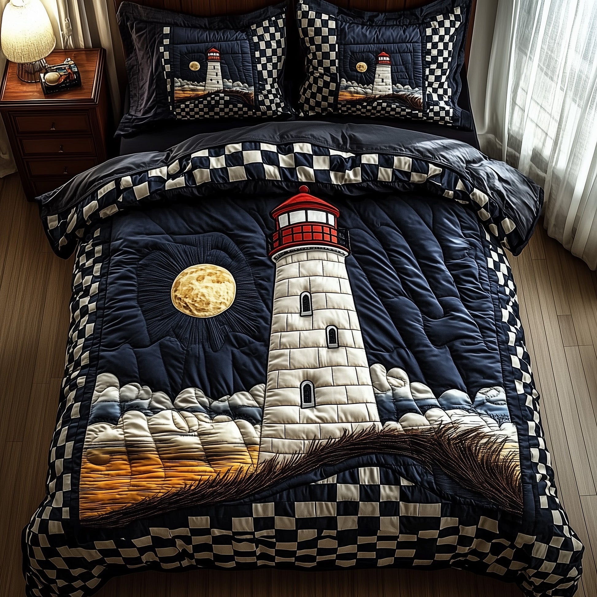 Nautical Lighthouse Quilted Bedding Set Ocean Waves Quilt Decor Best Bedding Gifts - Bancroftclothings