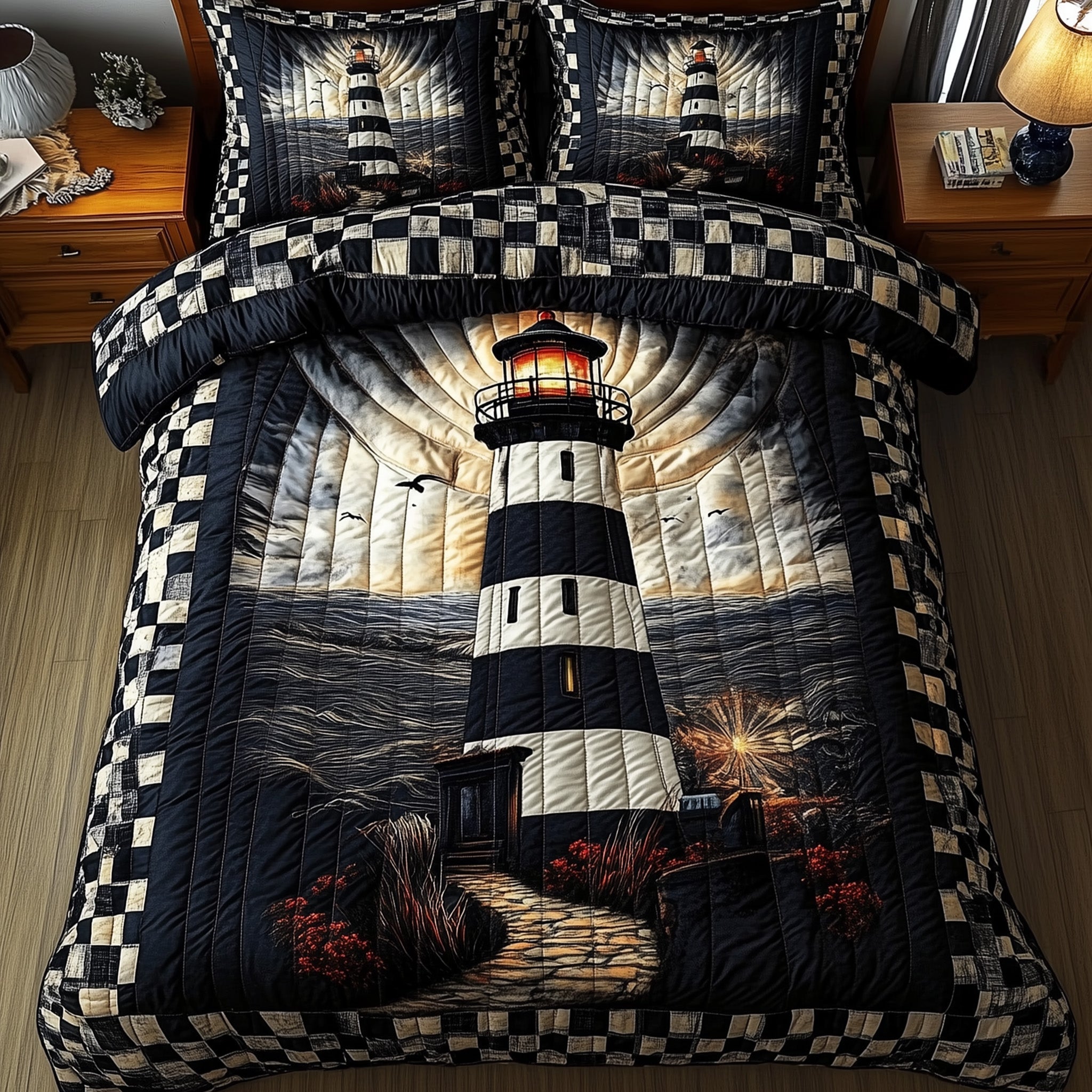 Nautical Lighthouse Quilted Bedding Set Seaside Nautical Theme Best Bedding Gifts - Bancroftclothings