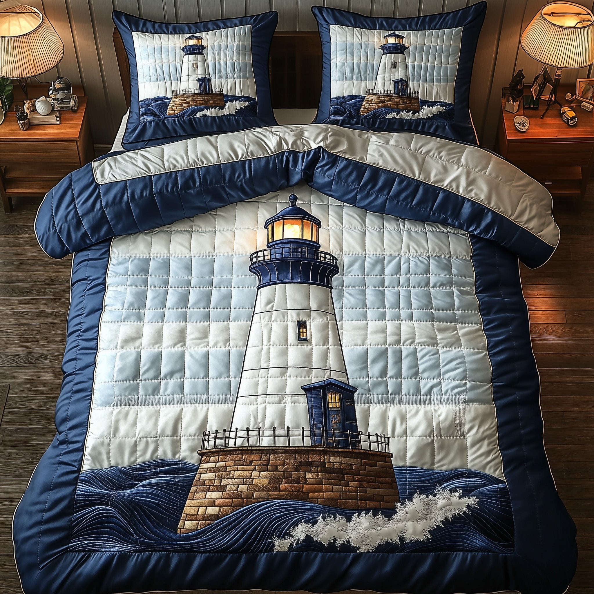 Nautical Lighthouse Quilted Bedding Set Seaside Nautical Theme Unique Bedding Gifts - Bancroftclothings