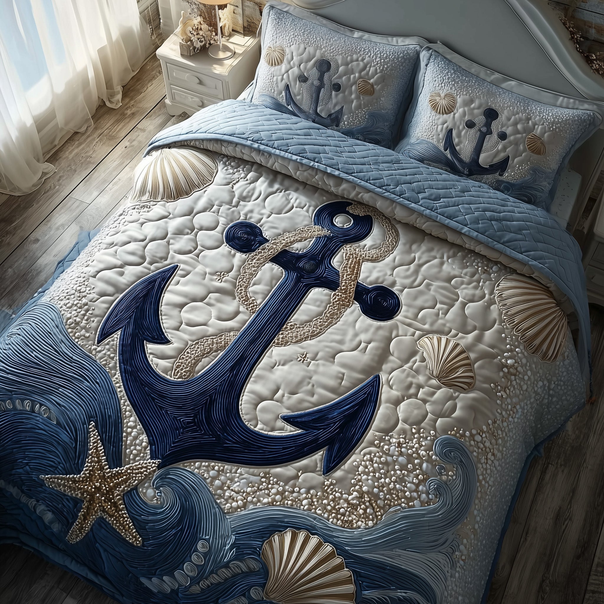 Ocean Breeze Quilted Bedding Set Anchor Coastal Beach Decor Unique Bedding Gifts - Bancroftclothings