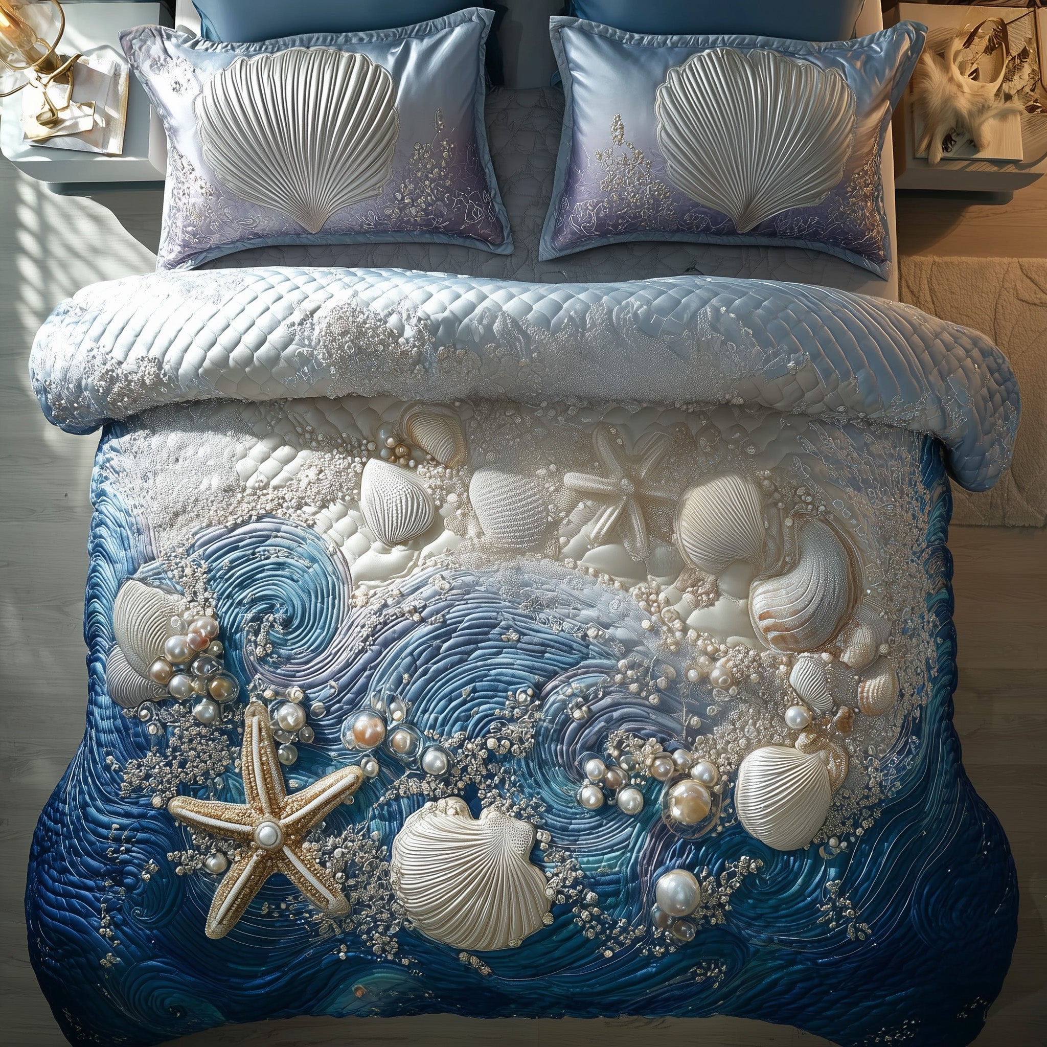Ocean Breeze Quilted Bedding Set Coastal Beach Shell Best Bedding Presents - Bancroftclothings